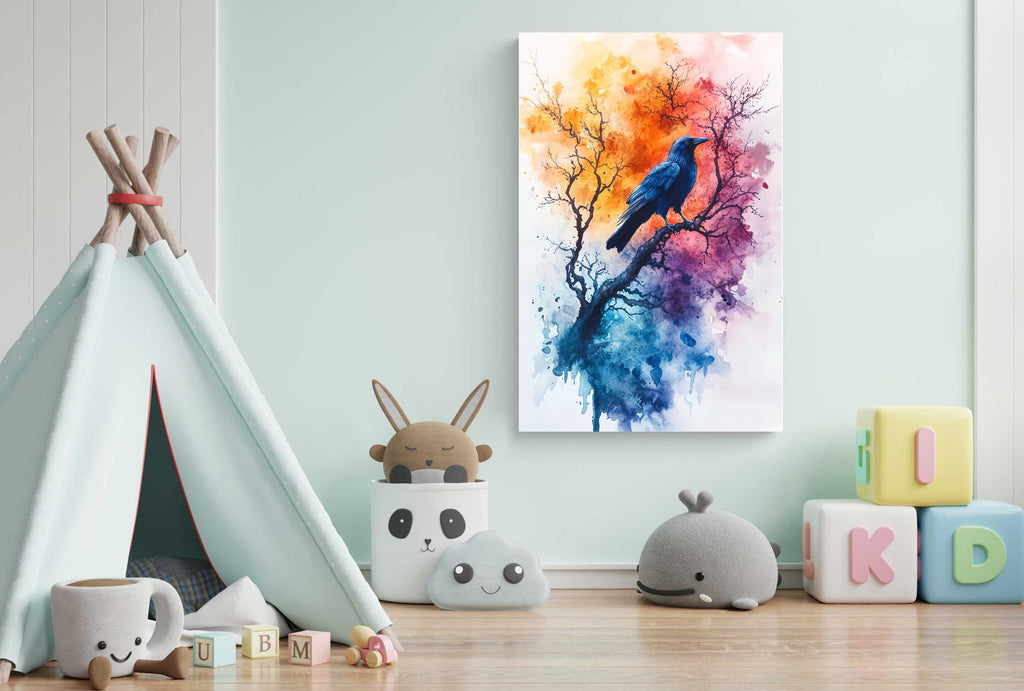 A colorful painting of a bird perched on a tree branch is displayed on the wall, surrounded by various toys and decorations in a child's bedroom.