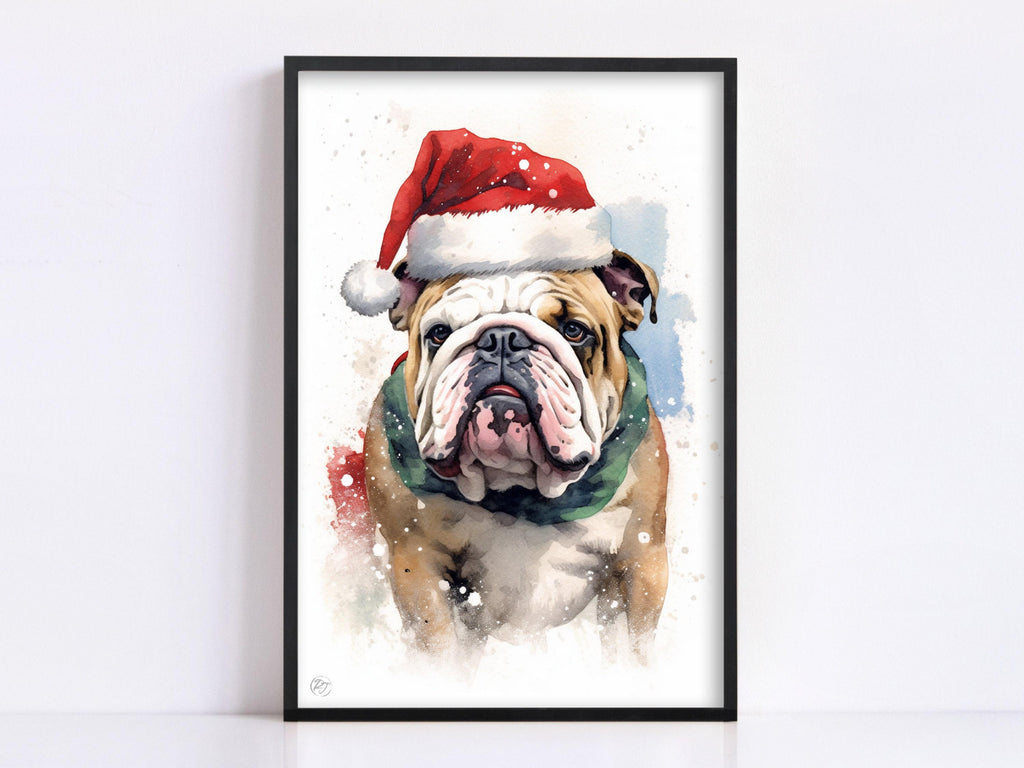 Festive English Bulldog in Santa Hat Watercolor Art, Giclee Print on Canvas, Artist Paper, Watercolor Paper, Available in Extra Large Sizes