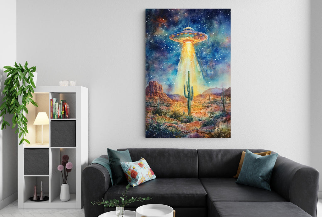 a cozy living room with a large, colorful painting of an alien spacecraft hovering over a desert landscape, creating a sense of wonder and adventure.