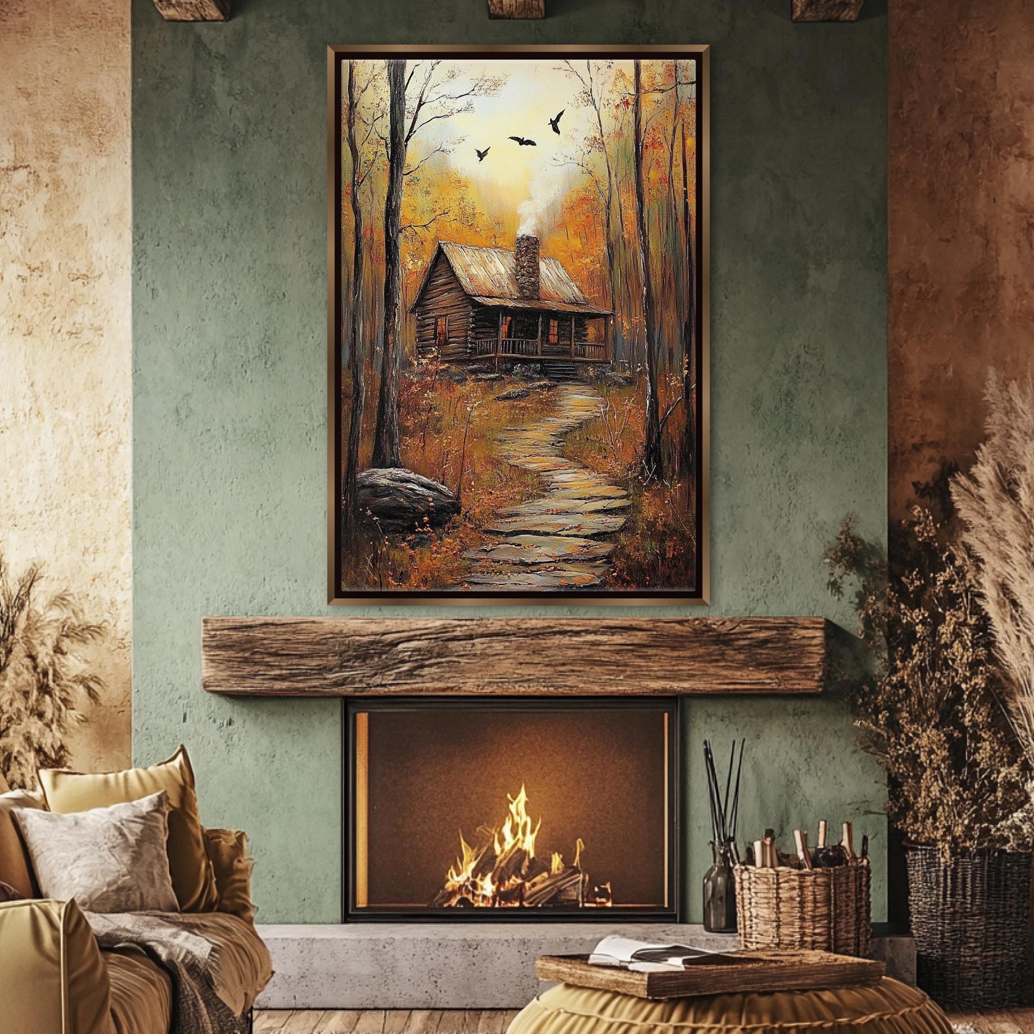 a cozy living room with a fireplace, a painting of a cabin in the woods, and a comfortable couch.