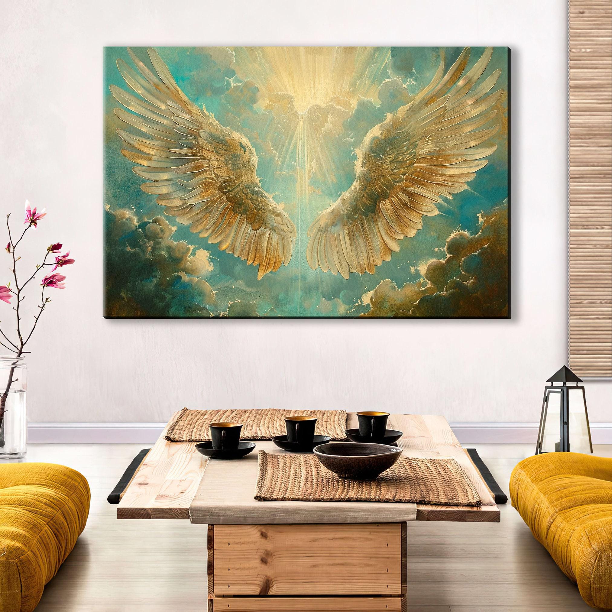 Angel Wings Art – Large Canvas Print | Heavenly Sun Rays | Christian Wall Decor