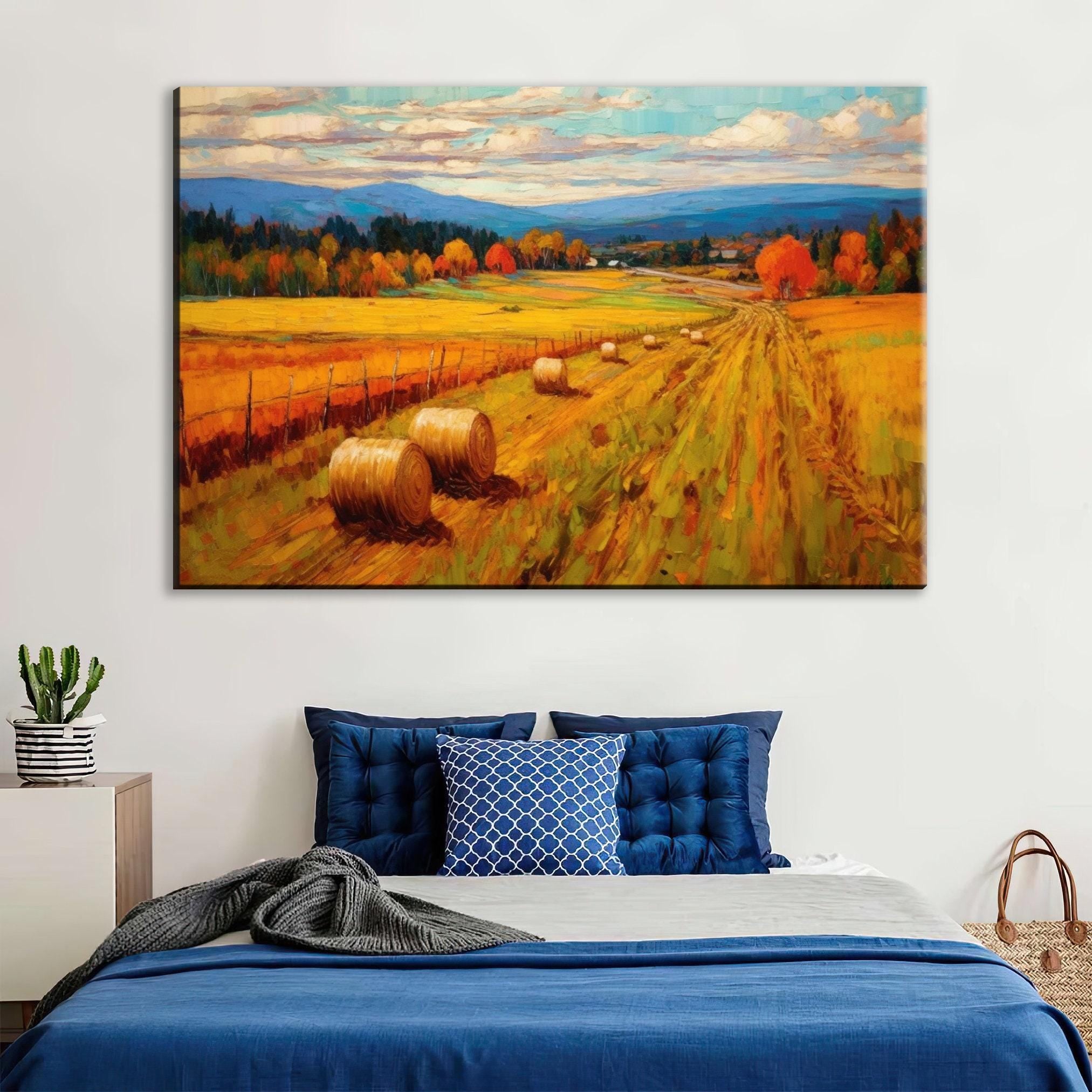Rural Canvas Wall Art – Large Canvas Art with Hay Bale Painting, Rustic Home Decor