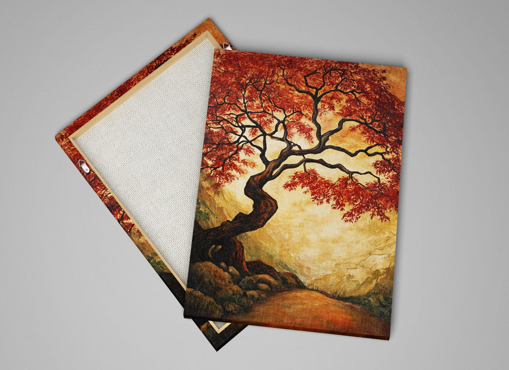 two paintings of a tree on a gray background