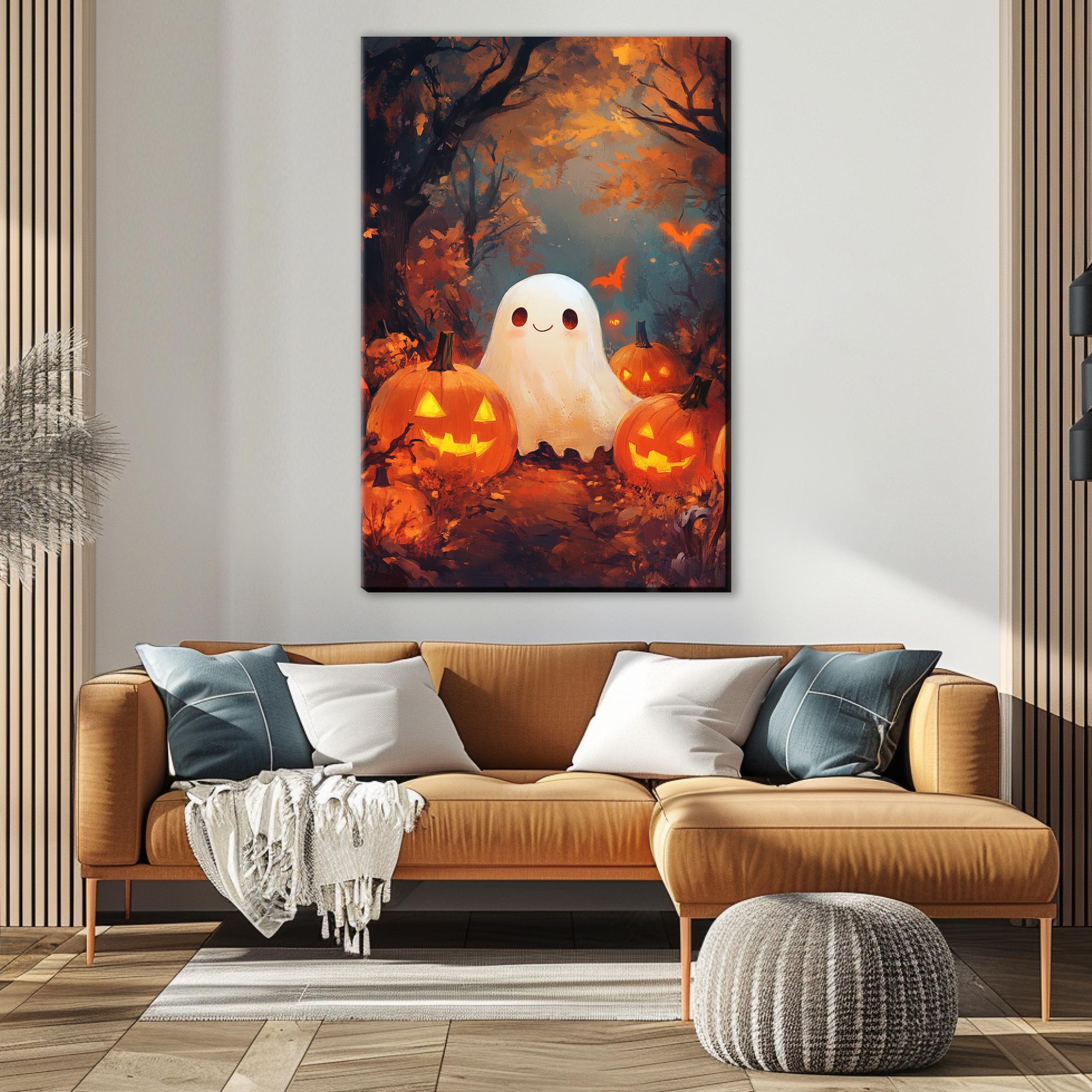 Cute Ghost Wall Art – Extra Large Halloween Canvas | Festive Pumpkin Painting