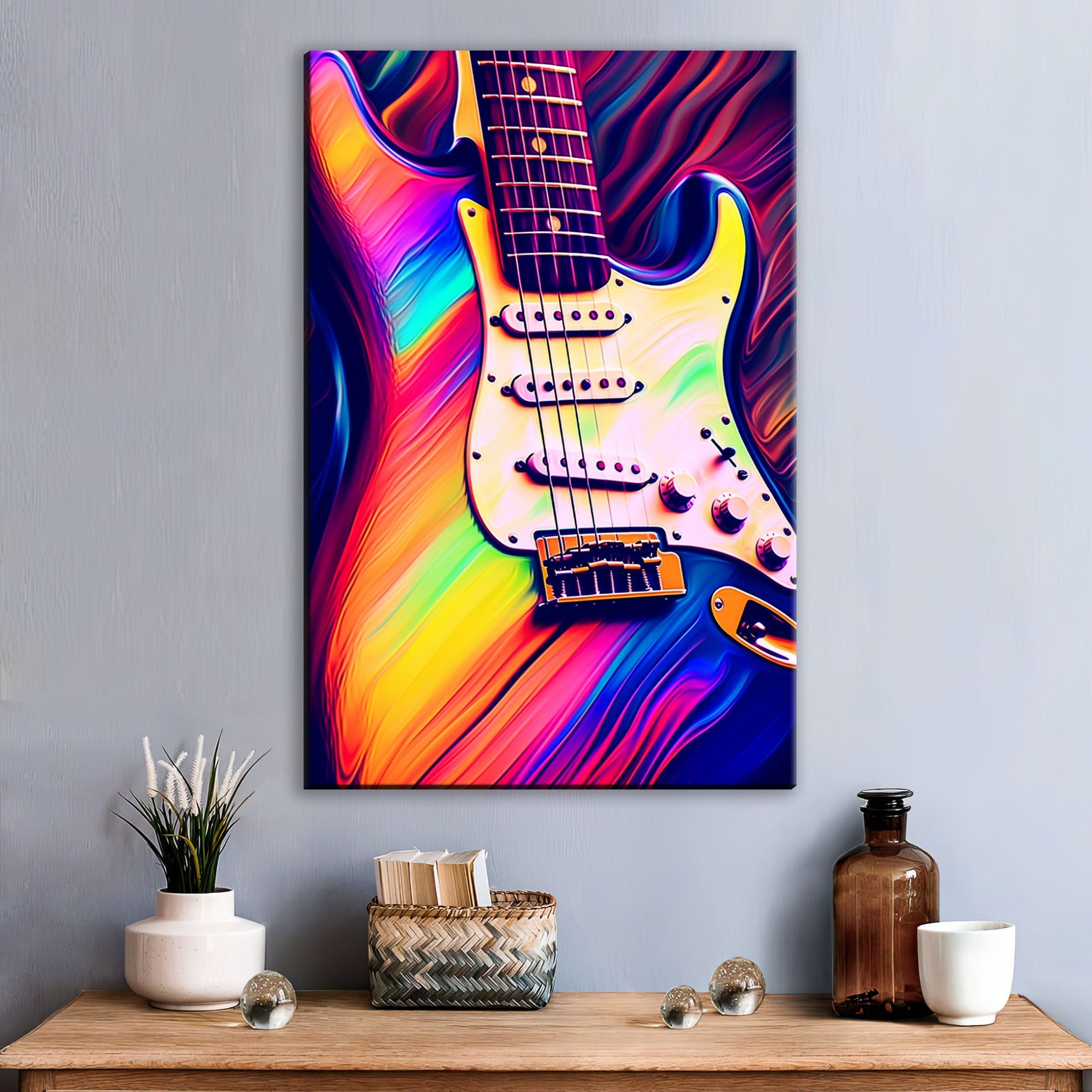 Electric Guitar Wall Art - Synthwave Neon Guitar Canvas Art | Large Vibrant Music Decor