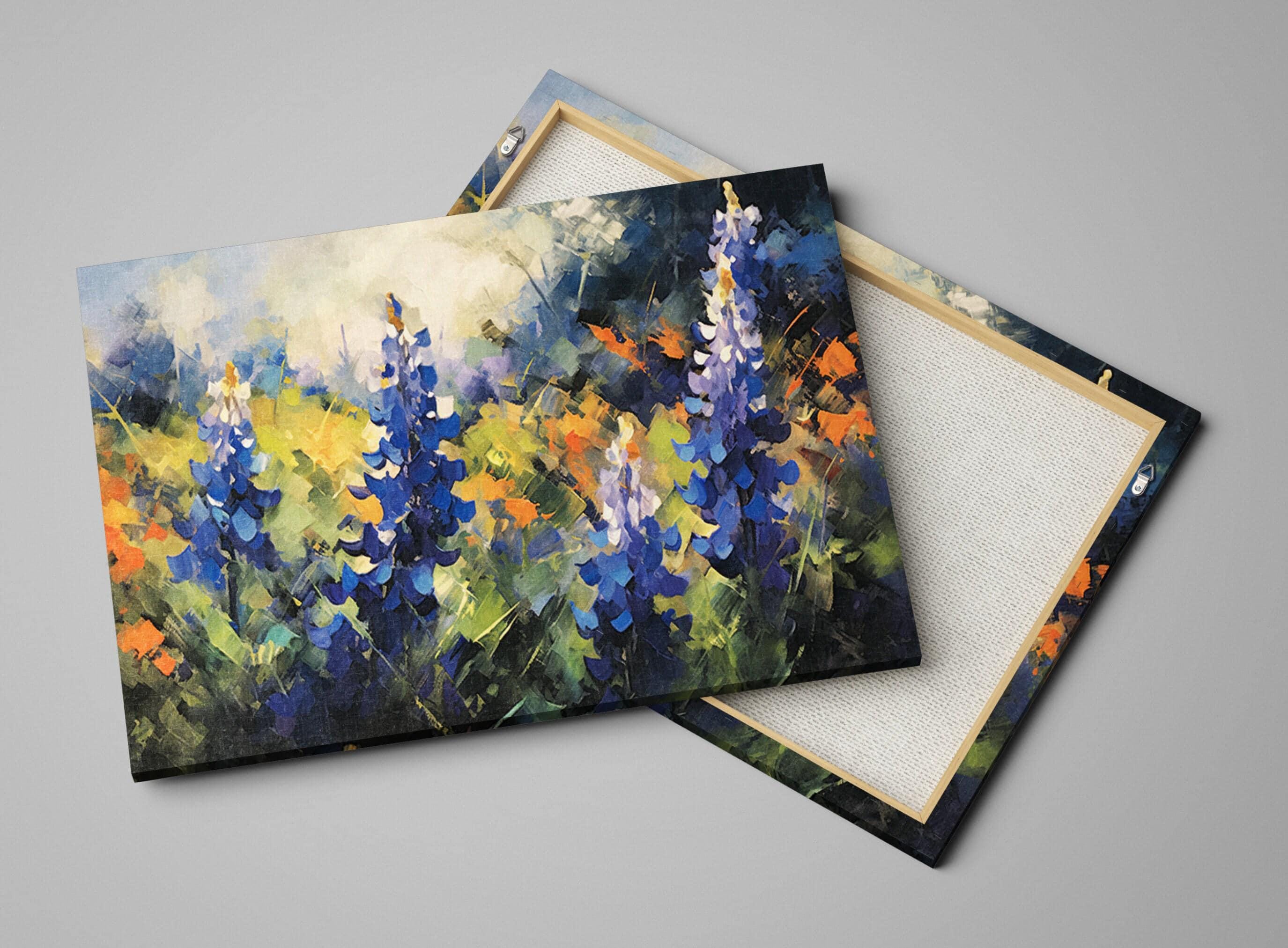 The image is a vibrant painting depicting a field of blue flowers with orange and yellow accents, set against a backdrop of lush greenery.