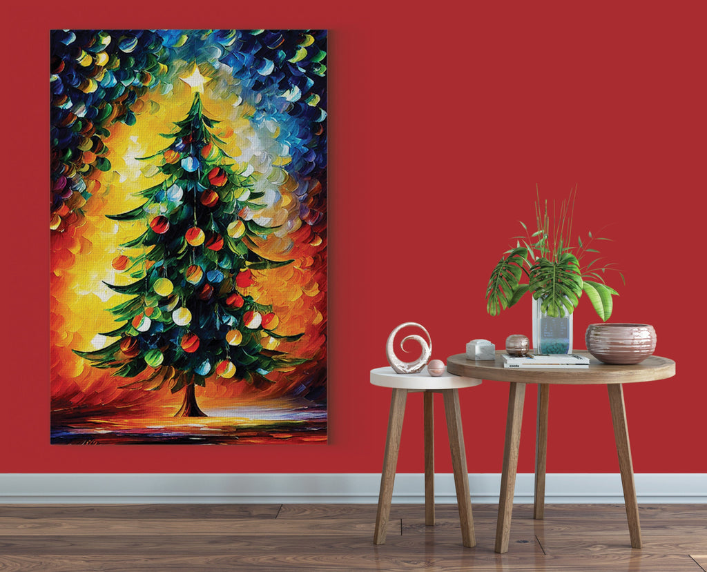 Christmas Tree Canvas Print – Festive Oil Painting With Wooden Frame Art