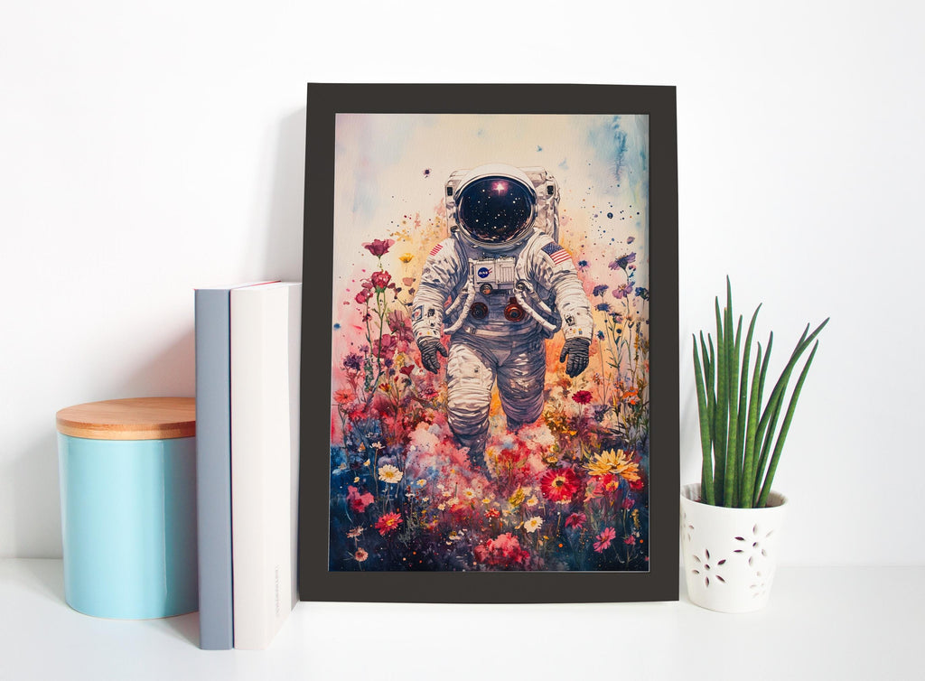 a framed painting of an astronaut walking through a colorful flower field.