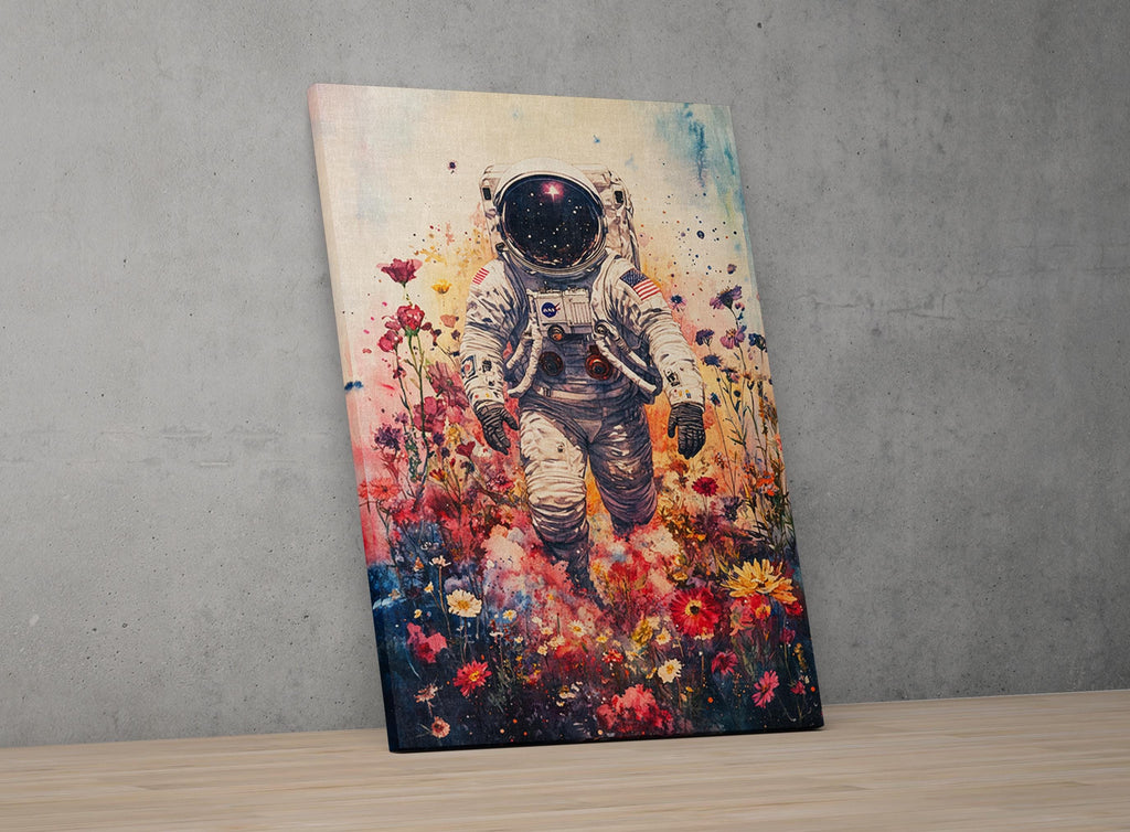 The image is a vibrant canvas print depicting an astronaut floating in a field of colorful flowers.