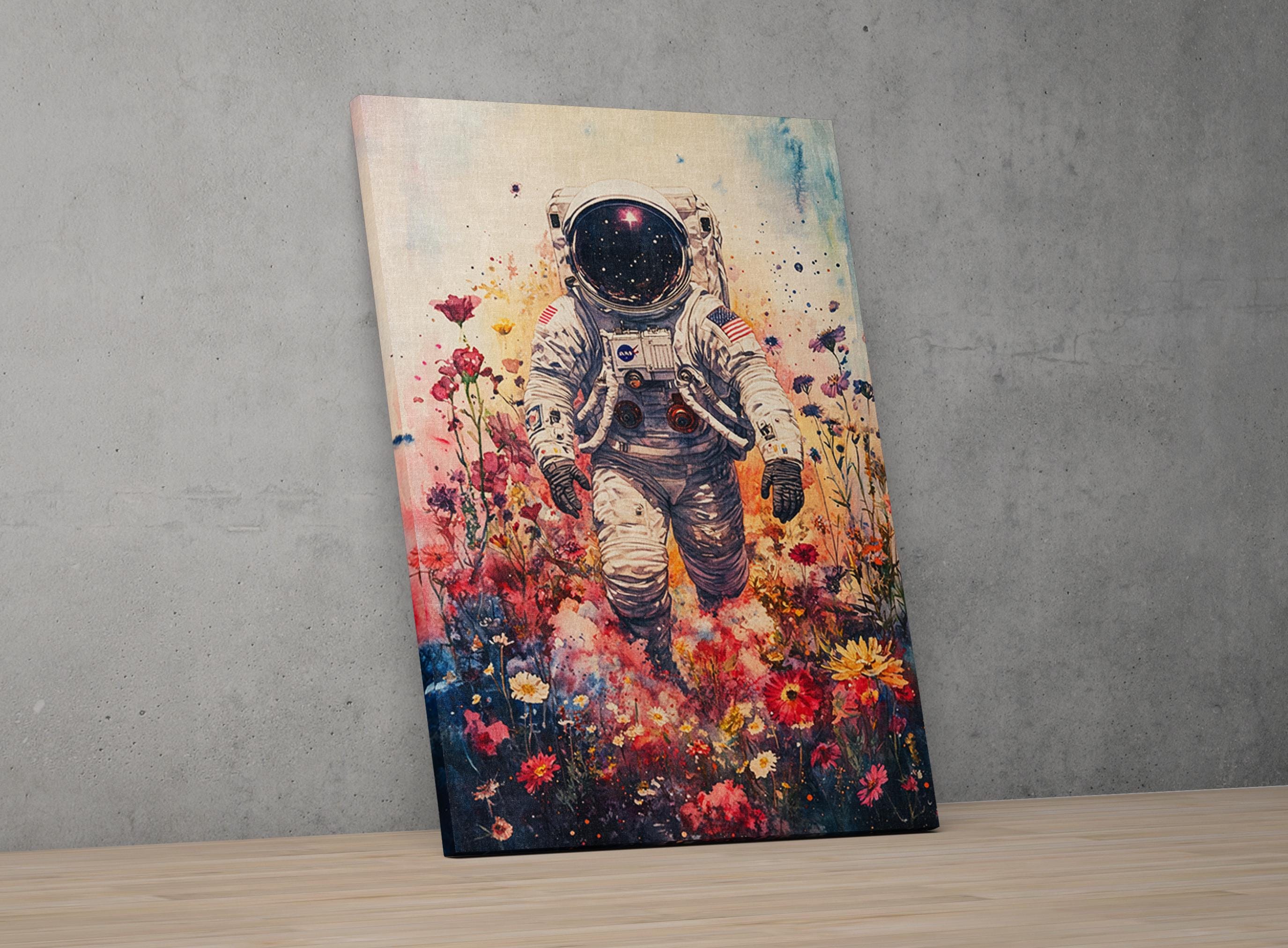 The image is a vibrant canvas print depicting an astronaut floating in a field of colorful flowers.