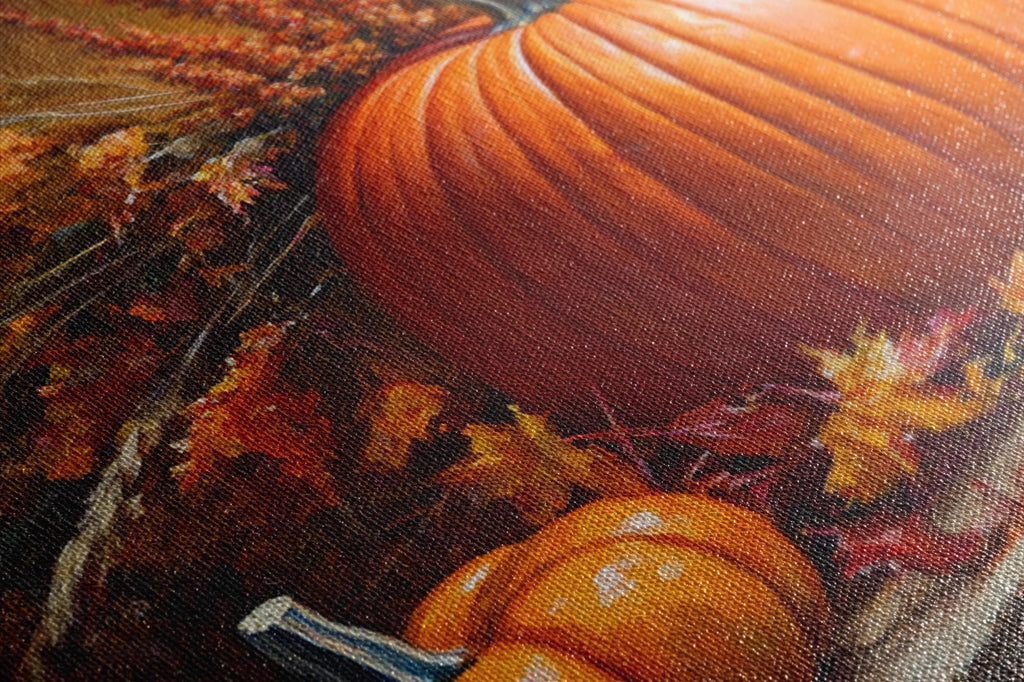 The image is a close-up of a textured surface with a large orange pumpkin and autumn leaves, creating a warm and cozy atmosphere.