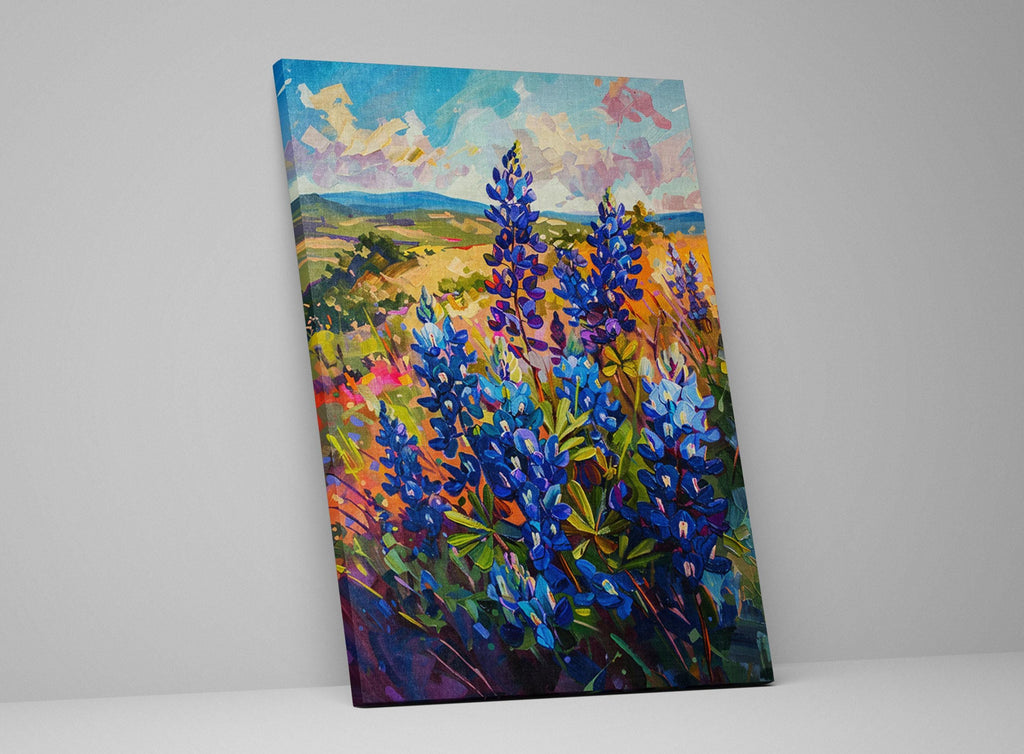 The image is a vibrant painting depicting a field of colorful wildflowers, including blue lupines, against a backdrop of a blue sky with clouds.