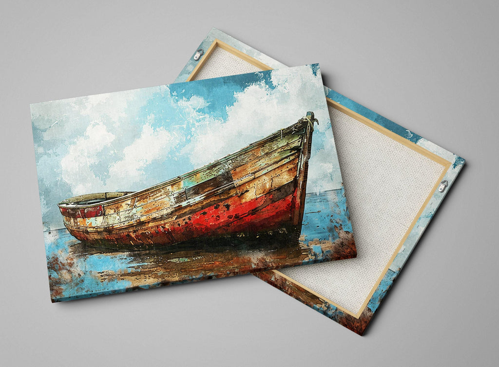 Coastal Boat Wall Art – Large Canvas Art | Old Red White Boat On Gallery Wrapped Canvas