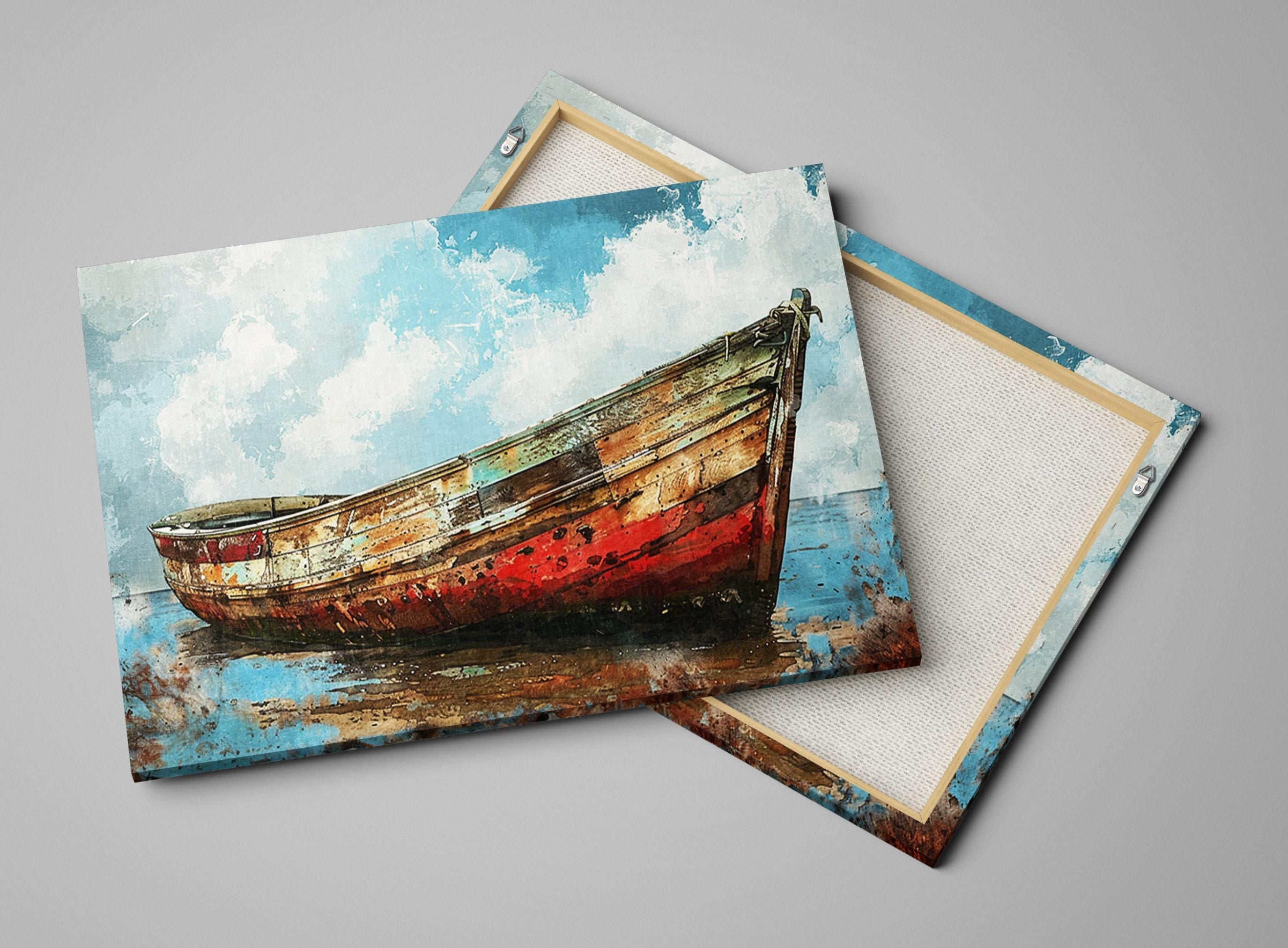 Coastal Boat Wall Art – Large Canvas Art | Old Red White Boat On Gallery Wrapped Canvas