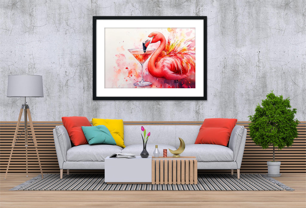 a living room with a gray sofa, a wooden coffee table, and a framed painting of a pink flamingo with a martini glass on it. The painting is hanging on a concrete wall above the sofa.