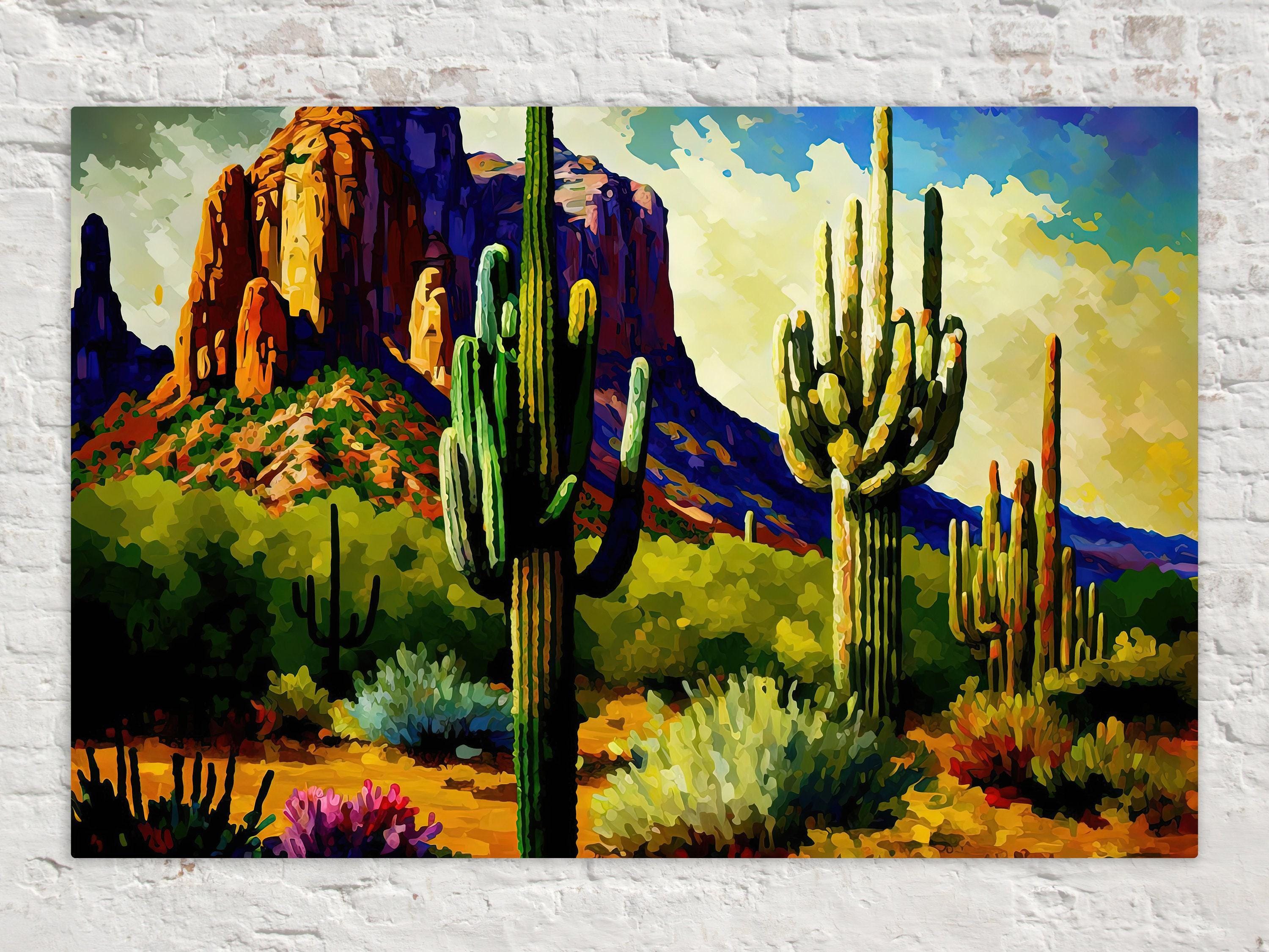 A vibrant desert landscape with towering red rock formations, lush green cacti, and a bright blue sky with fluffy clouds.