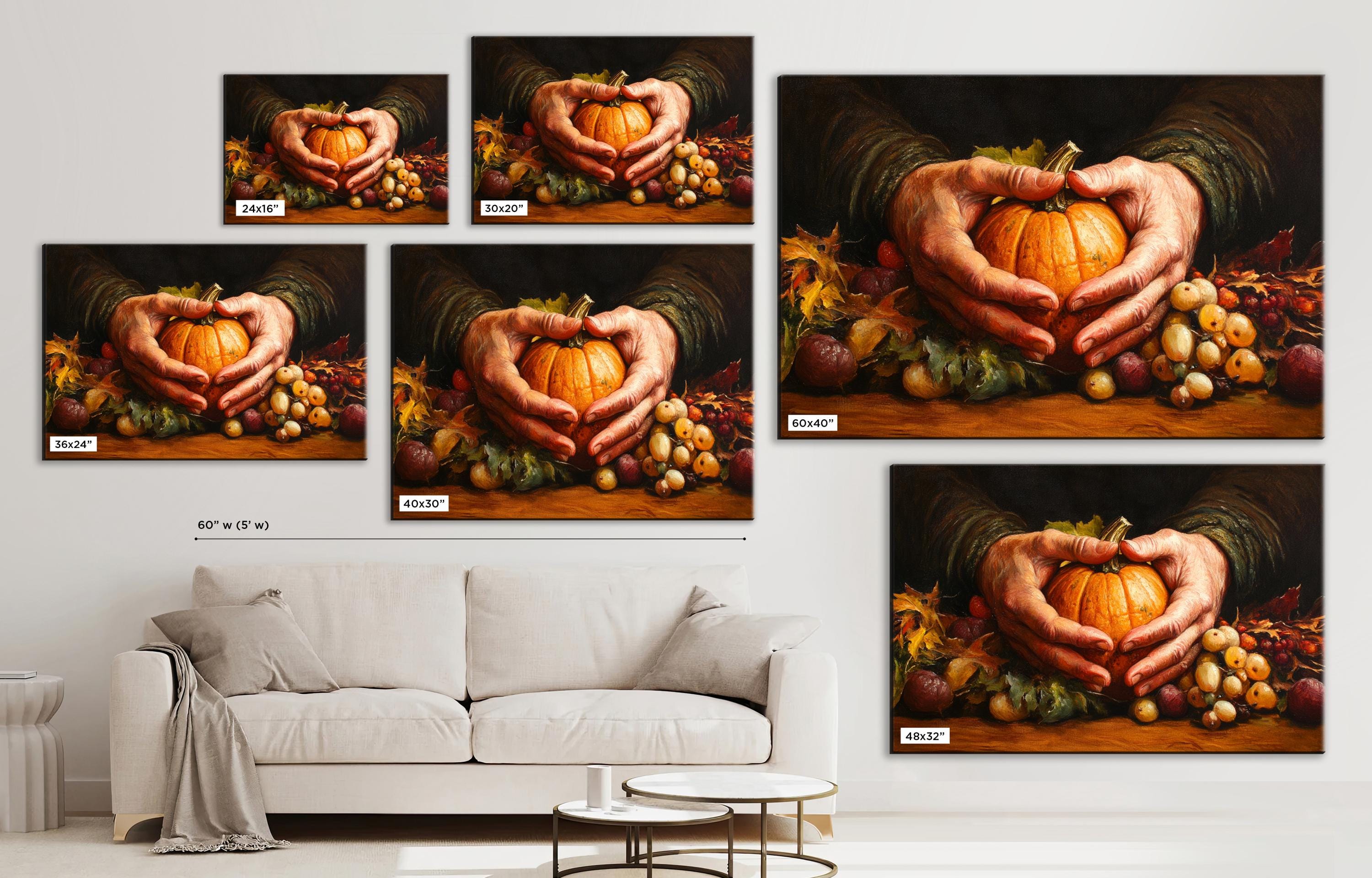 A collage of six images depicting hands holding pumpkins and various fruits and vegetables, arranged on a wall above a white couch.