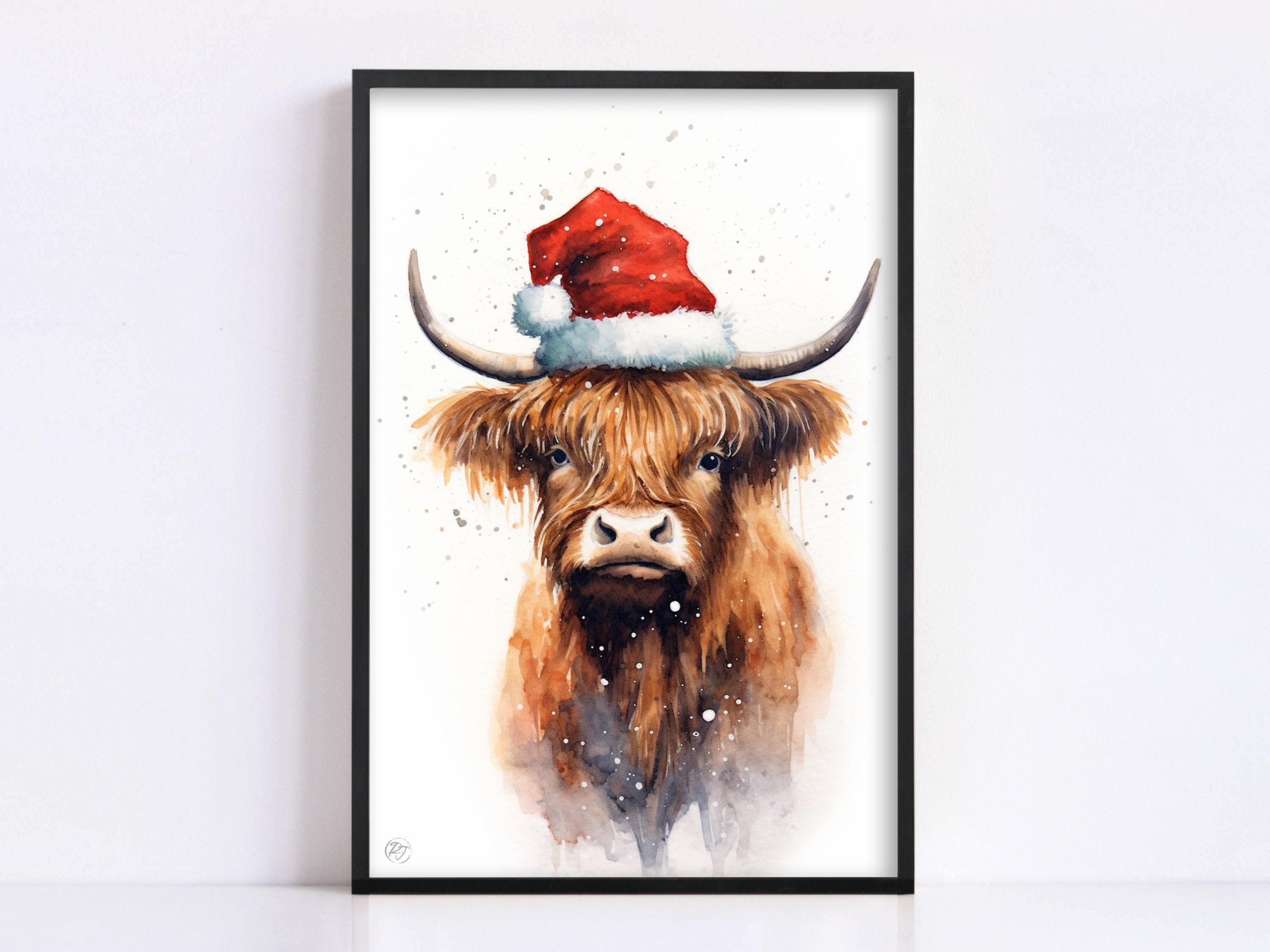 Festive Highland Cow in Santa Hat Watercolor Art, Giclee Print on Canvas, Artist Paper, Watercolor Paper, Available in Extra Large Sizes