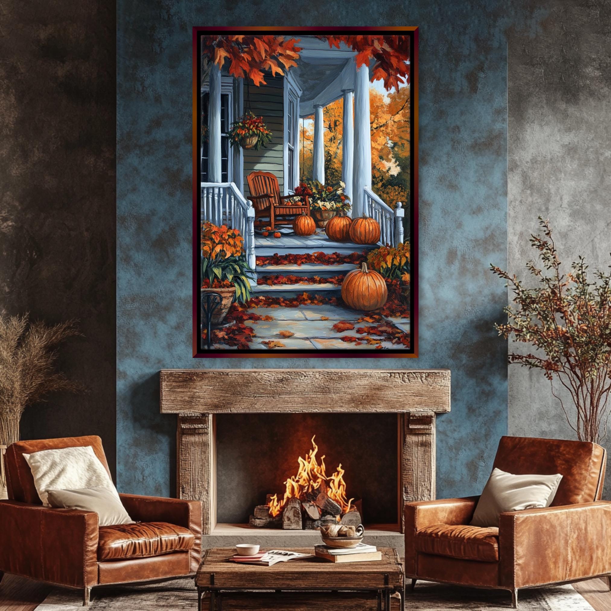 a cozy living room with a fireplace, two brown leather armchairs, and a large painting of a porch with a staircase and autumn foliage above it.