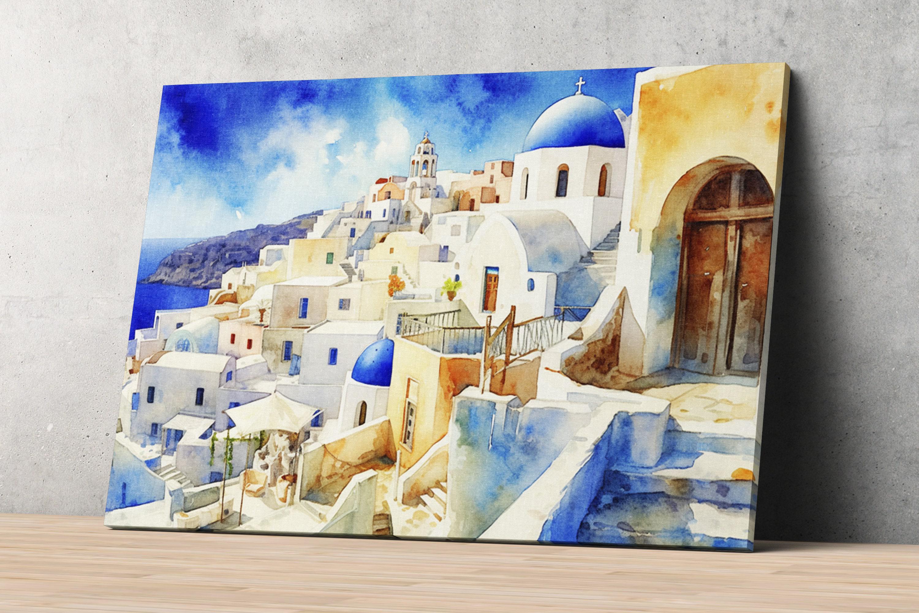 Aegean Serenity in Santorini: Watercolor Painting Print, Print on Canvas, Artist Paper, Watercolor Paper, Available in Extra Large Sizes