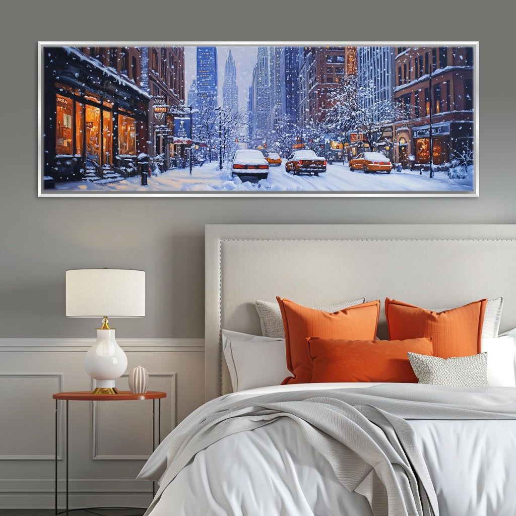 a bedroom with a large picture of a city street