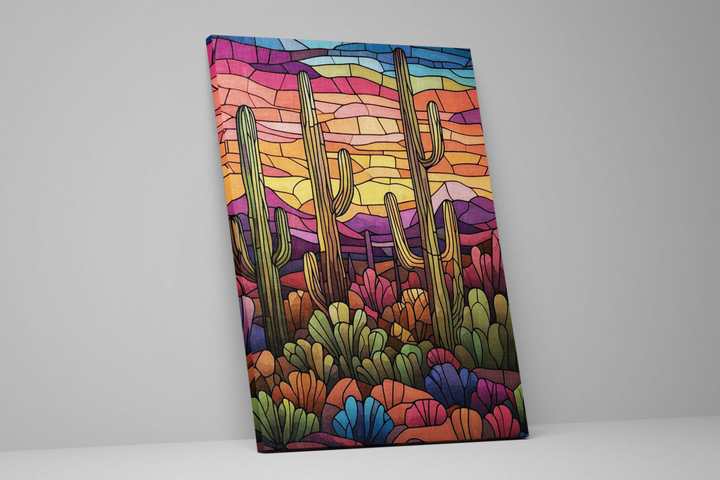 a painting of a desert scene with cactus trees