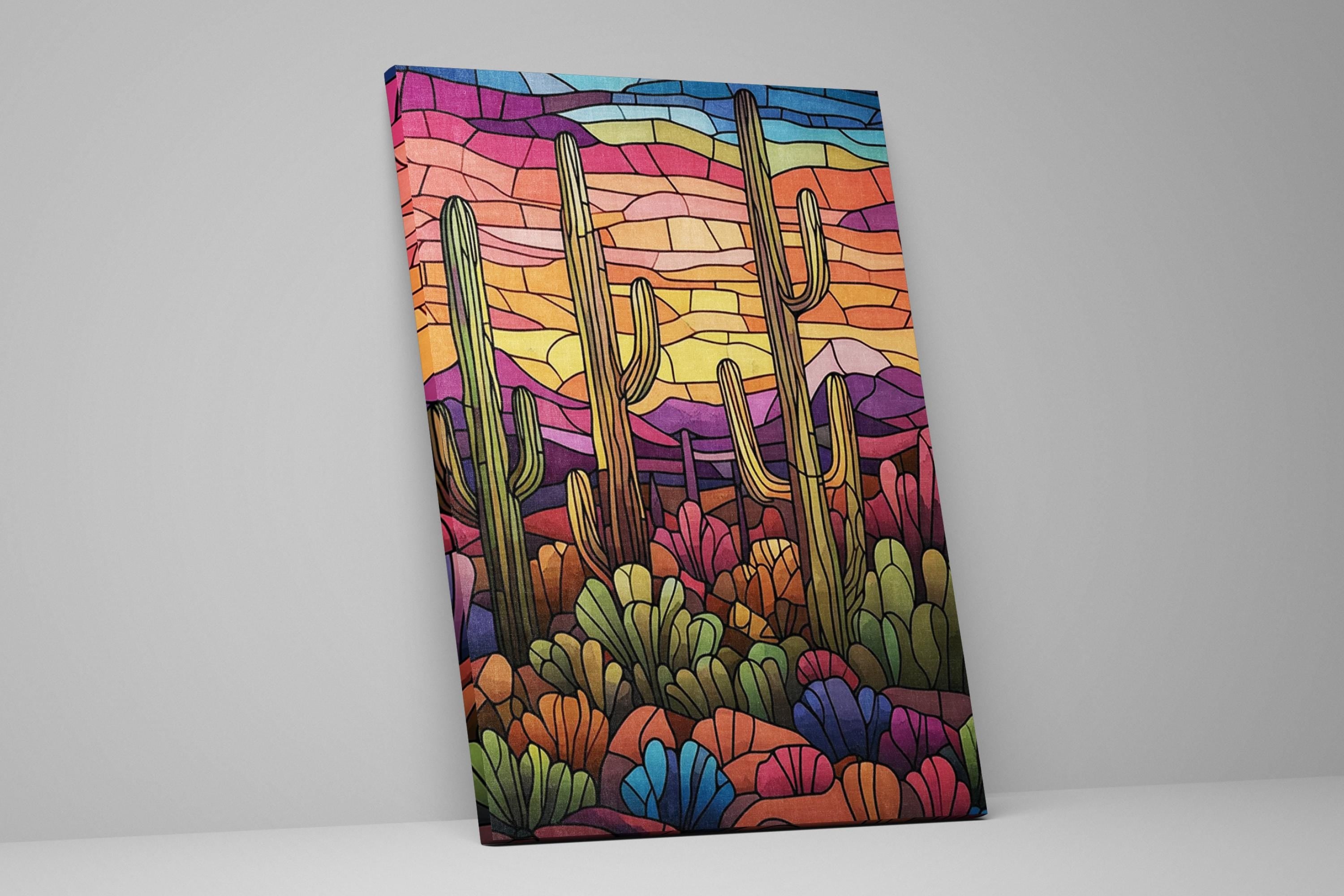 a painting of a desert scene with cactus trees