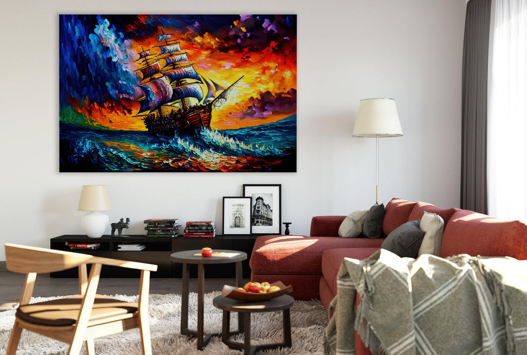 Pirate Ship Painting - Colorful Acrylic Canvas Print | Stormy Seas Artwork, Gallery Ready