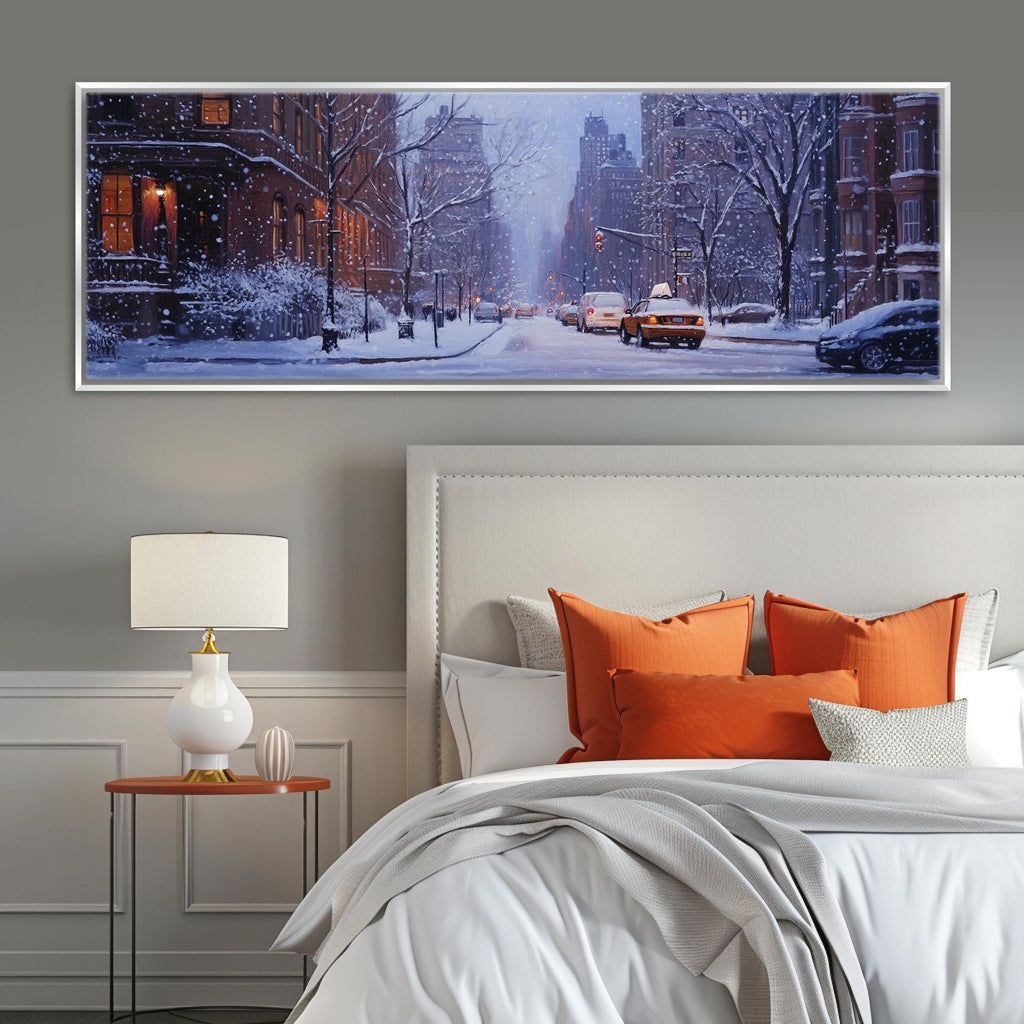 a bedroom with a large picture of a snowy street