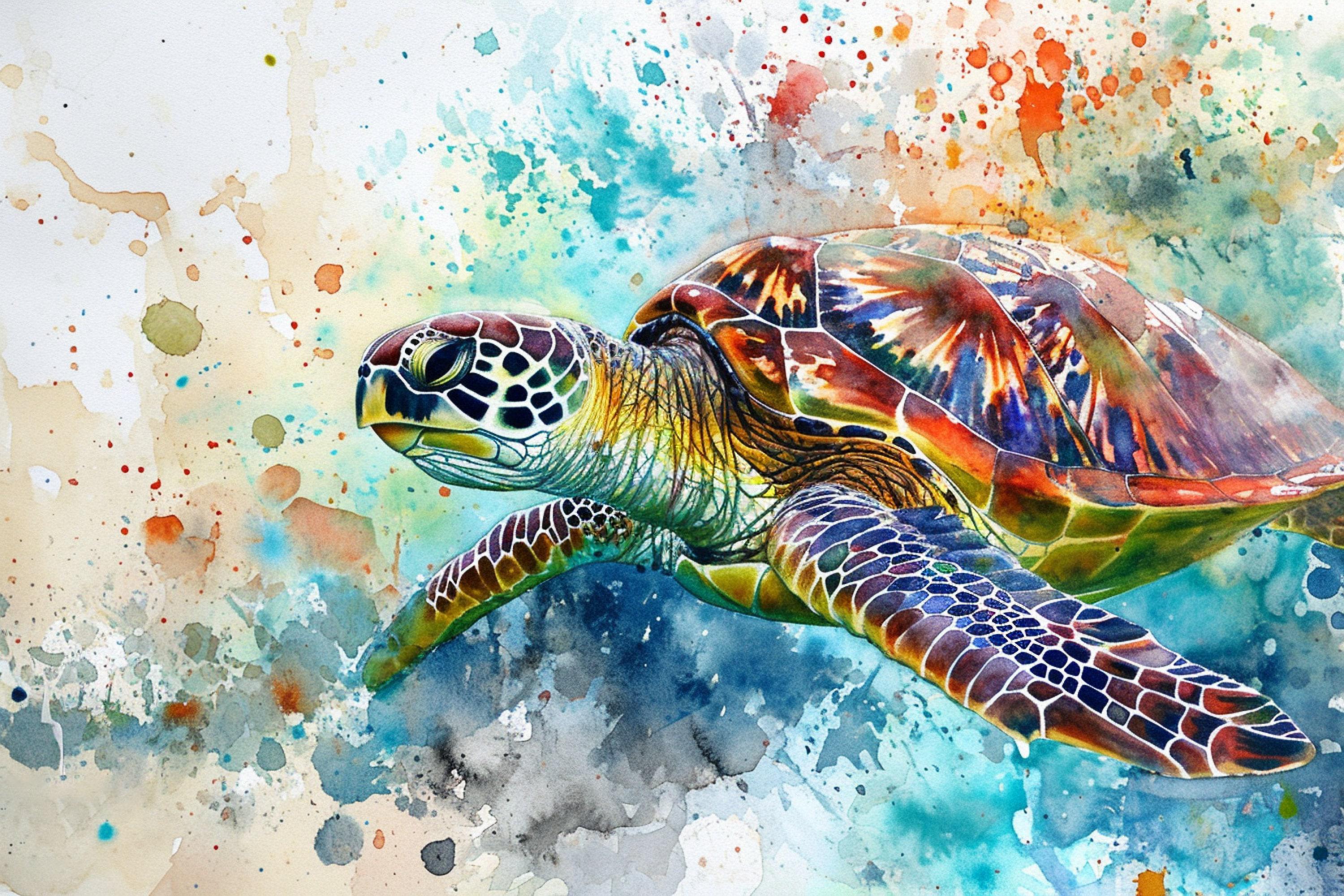 A colorful painting of a sea turtle swimming in the ocean, with splashes of water and paint creating a vibrant and dynamic scene.
