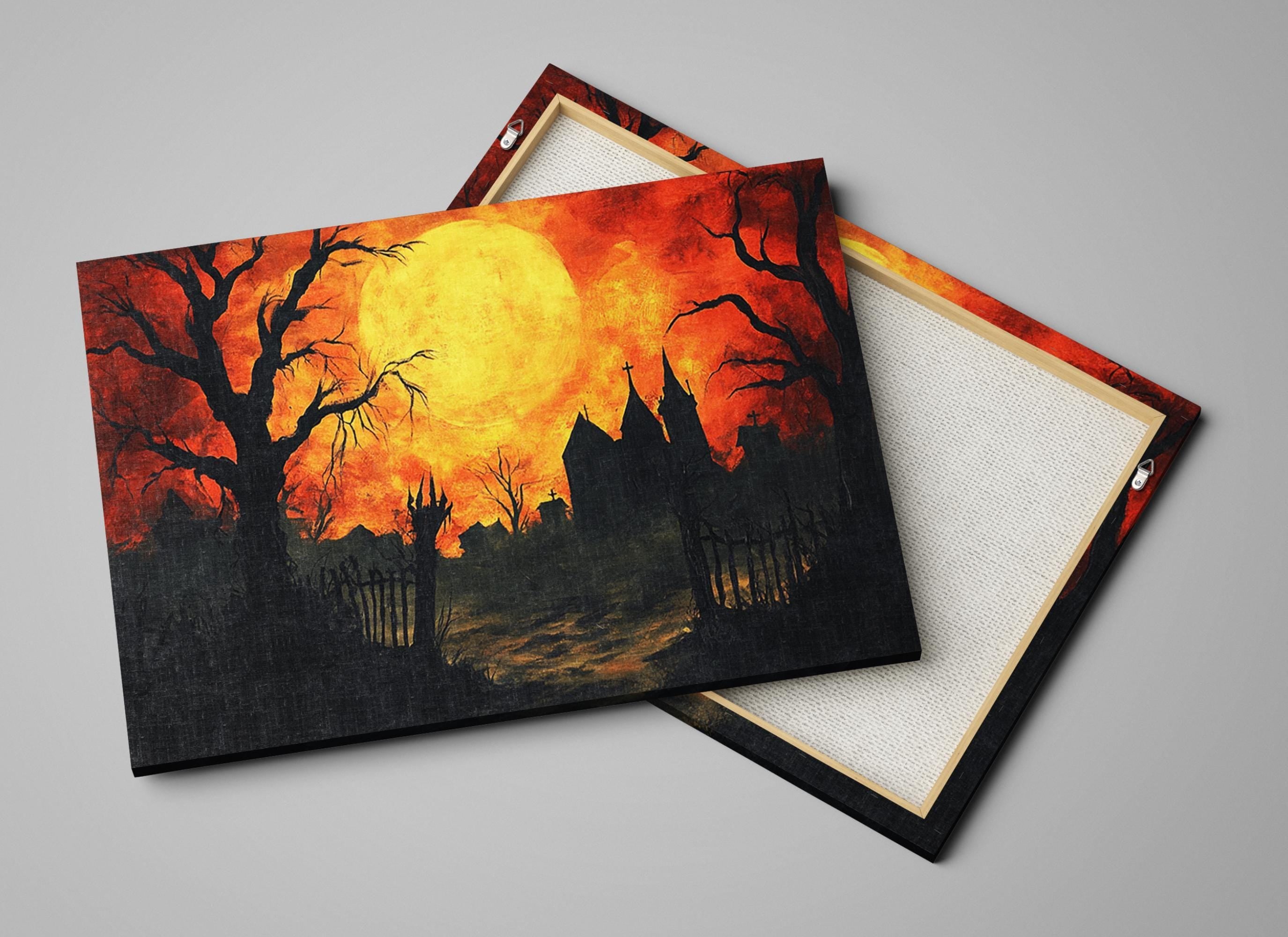 Halloween House Canvas - Extra Large Framed Gothic Wall Art | Orange Black Decor