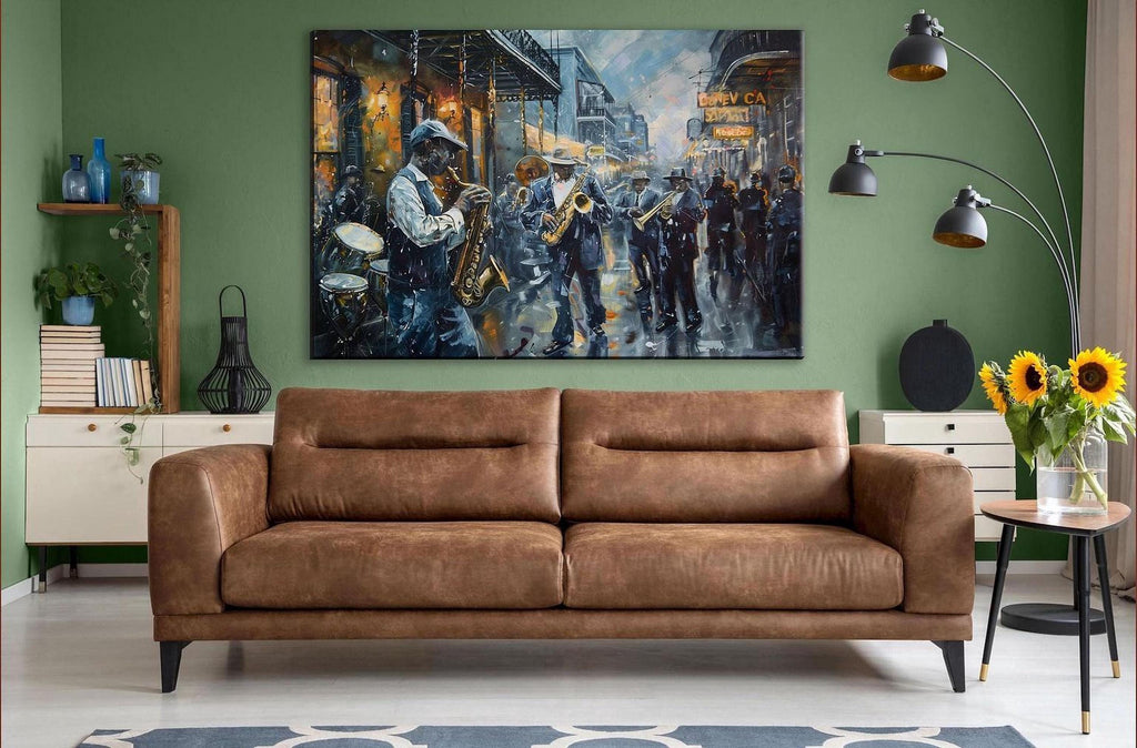 a large painting of a street scene with a group of people playing musical instruments, such as saxophones and drums, in the background. The painting is displayed on a green wall above a brown leather couch in a living room setting.