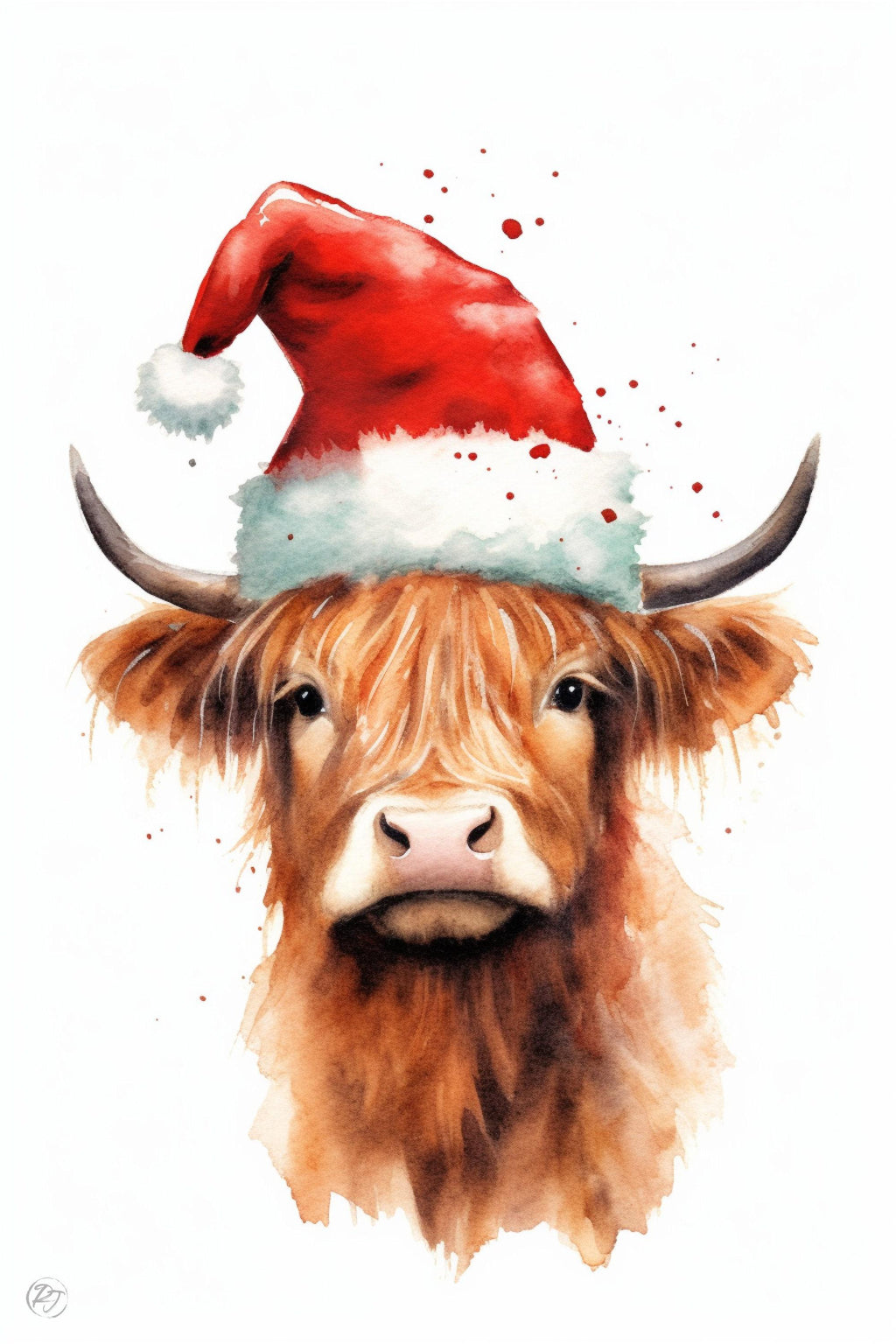 Cute Baby Highland Cow in Santa Hat Watercolor Art, Giclee Print on Canvas, Artist Paper, Watercolor Paper, Available in Extra Large Sizes