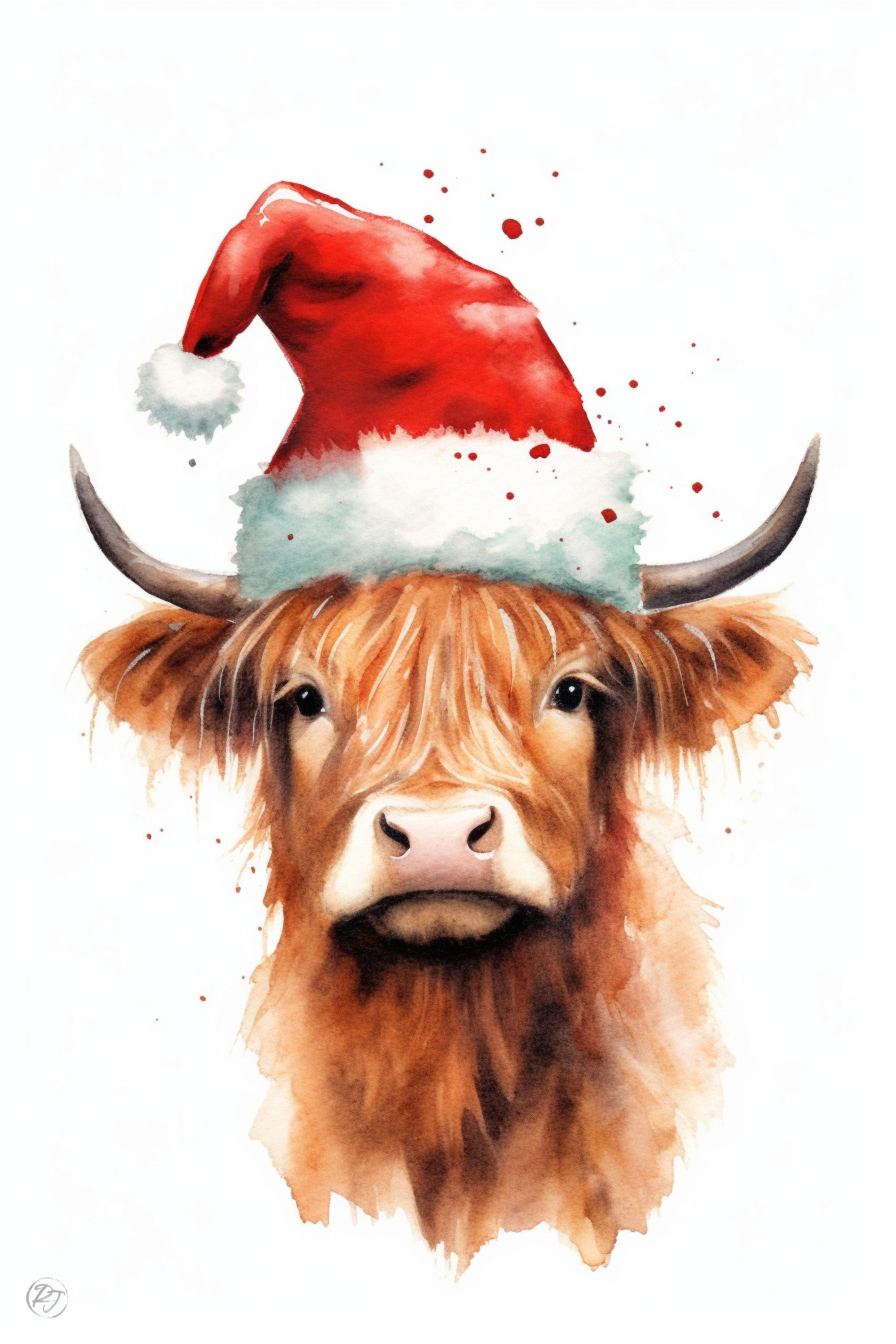 Cute Baby Highland Cow in Santa Hat Watercolor Art, Giclee Print on Canvas, Artist Paper, Watercolor Paper, Available in Extra Large Sizes