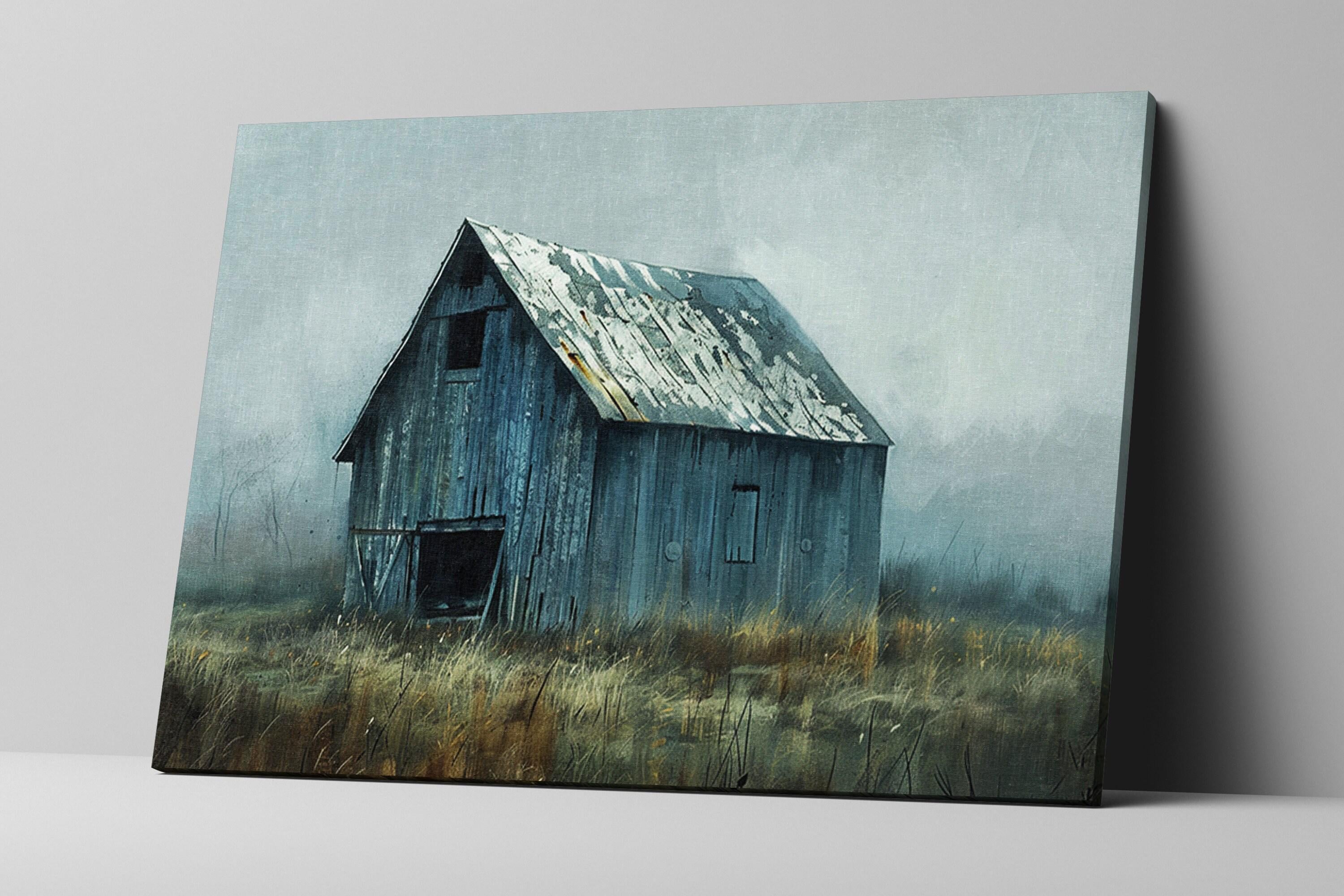 a dilapidated wooden barn standing alone in a foggy field, with a sense of solitude and abandonment.