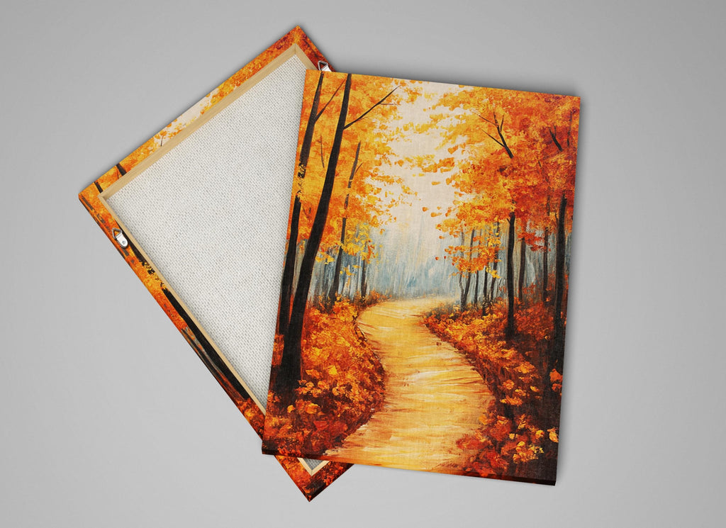 a scenic autumn landscape with a winding path leading through a forest of trees with vibrant orange leaves.