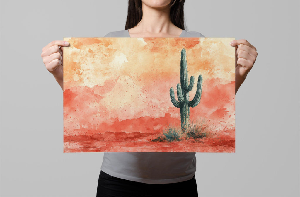 A woman holds up a framed print of a desert scene with a cactus in the foreground.