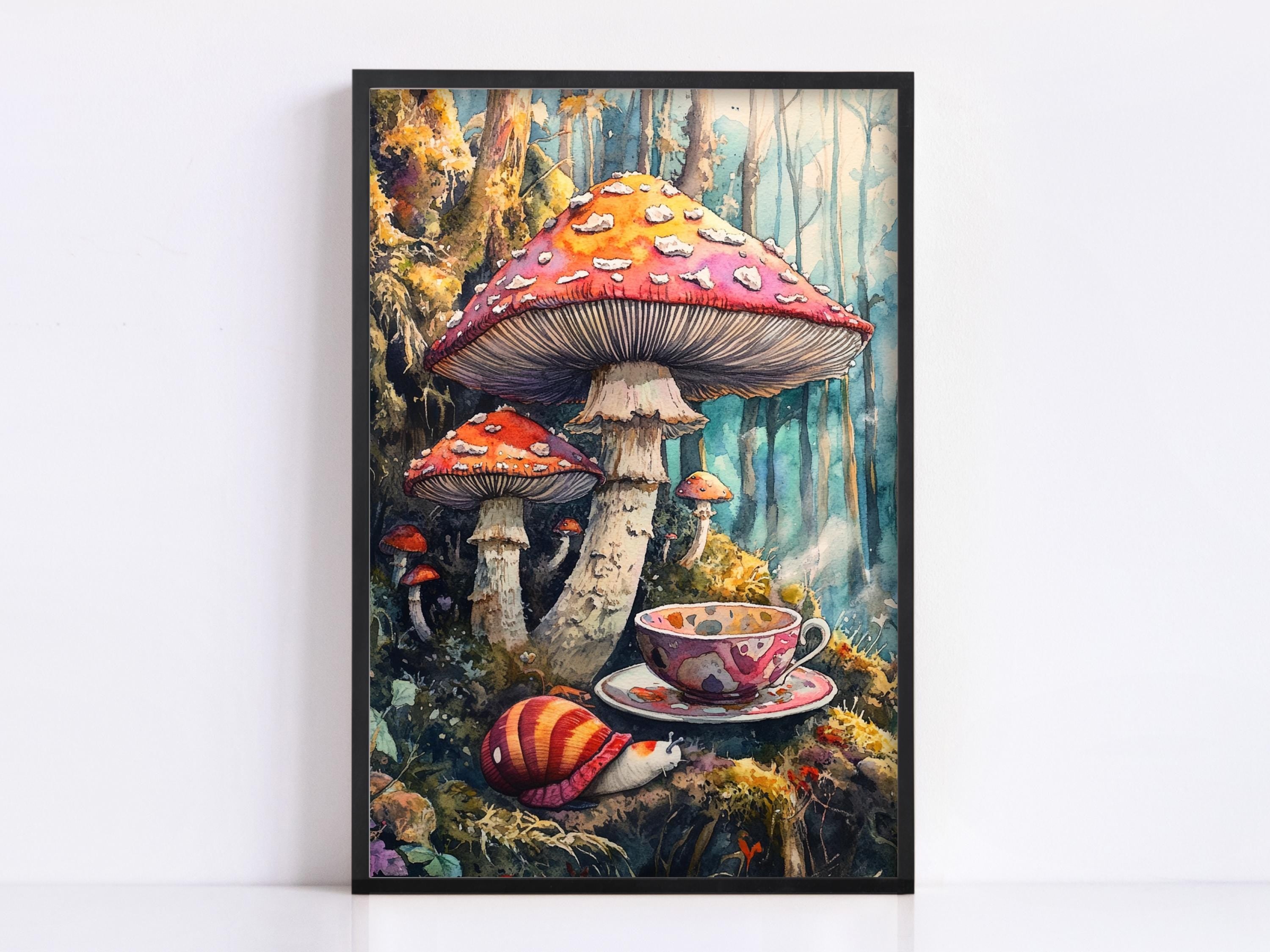 A whimsical painting depicting a cup of tea surrounded by mushrooms and a snail in a lush, forested setting.