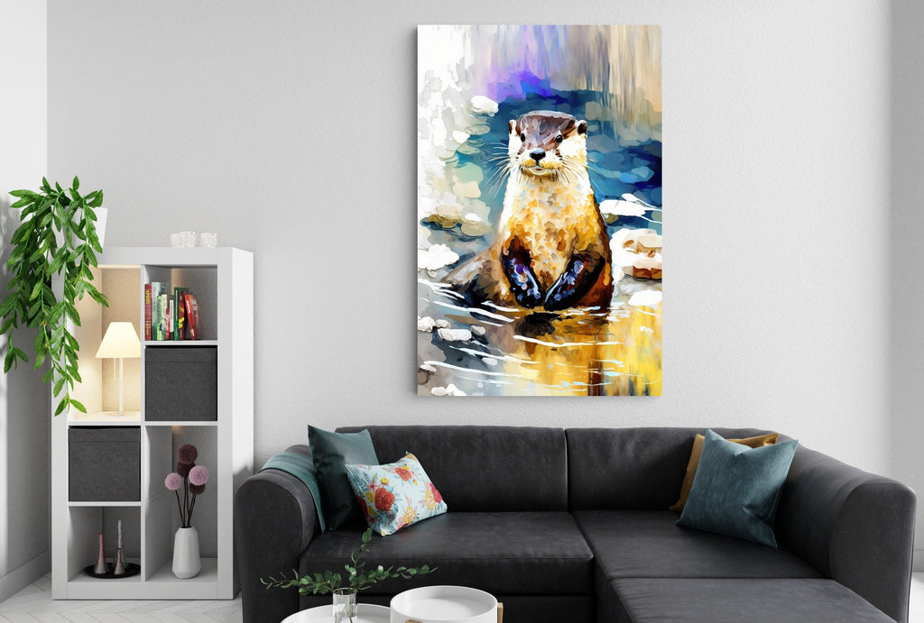 Playful River Otter: Watercolor Otter Wall Art Print, Giclee Print on Canvas, Artist Paper, Watercolor Paper, Available in Extra Large Sizes