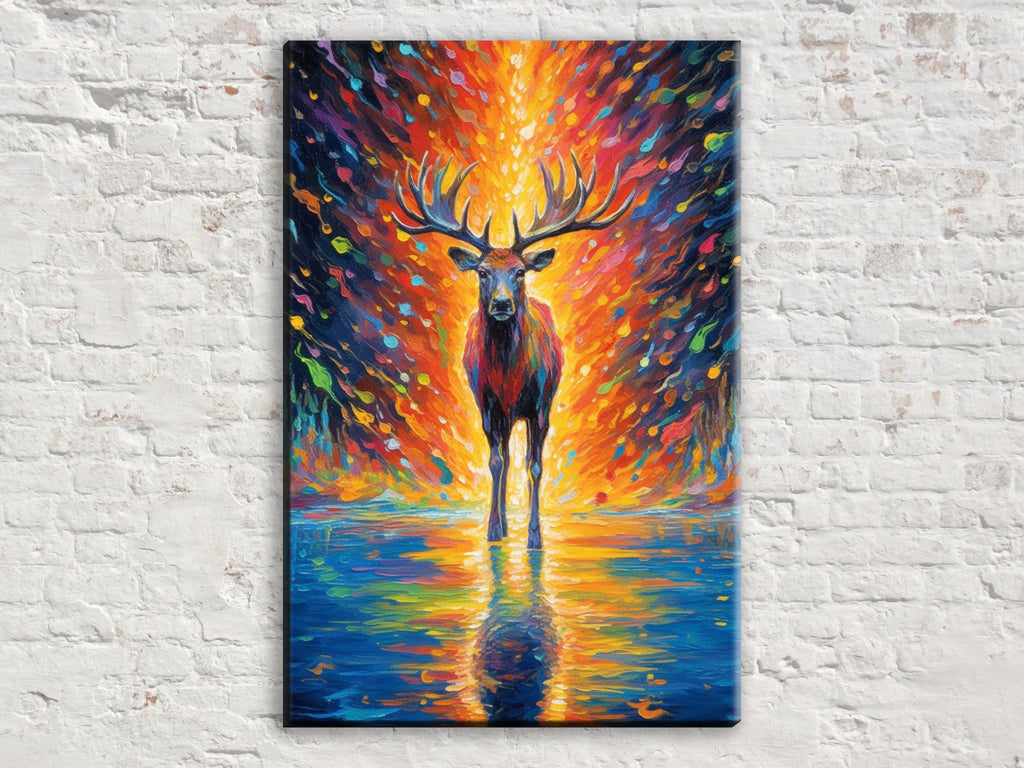 Colorful Reindeer Painting - Large Giclee Canvas Print | Holiday Wall Art
