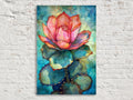 A vibrant, colorful painting of a cactus flower adorns the white brick wall.
