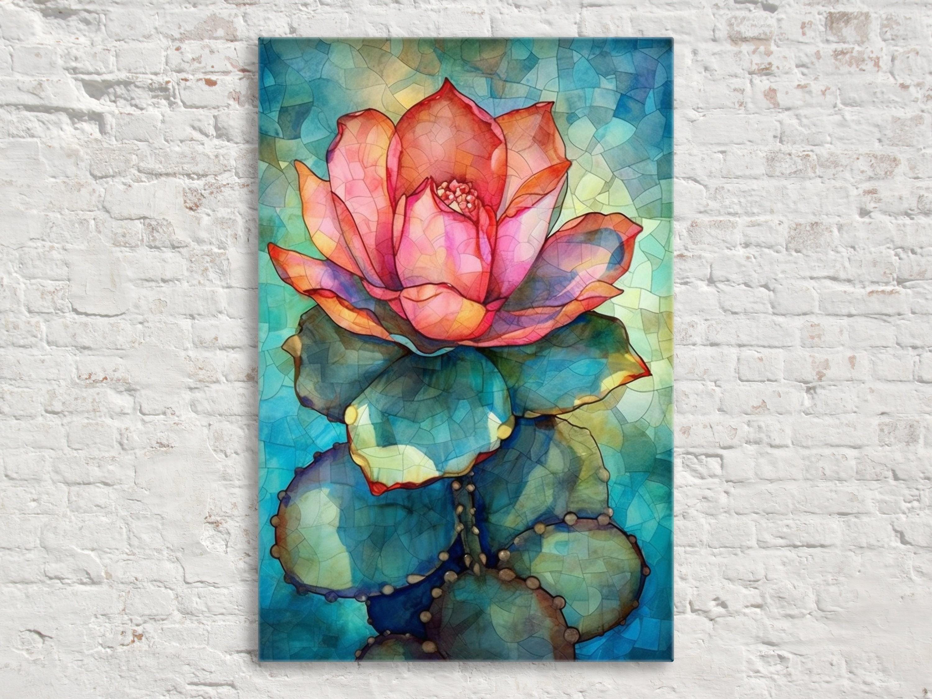 A vibrant, colorful painting of a cactus flower adorns the white brick wall.