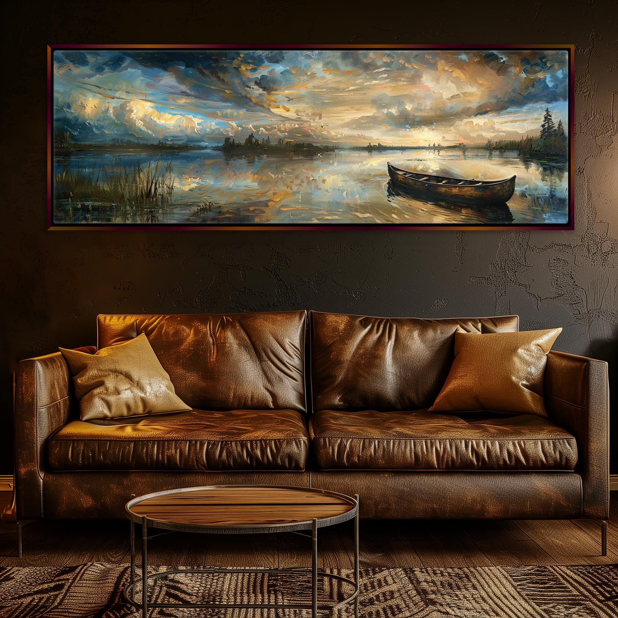 a living room with a couch and a painting on the wall