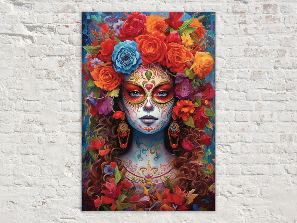 Sugar Skull Wall Art – Floral Skull Canvas Featuring Vibrant Mexican Remembrance Painting