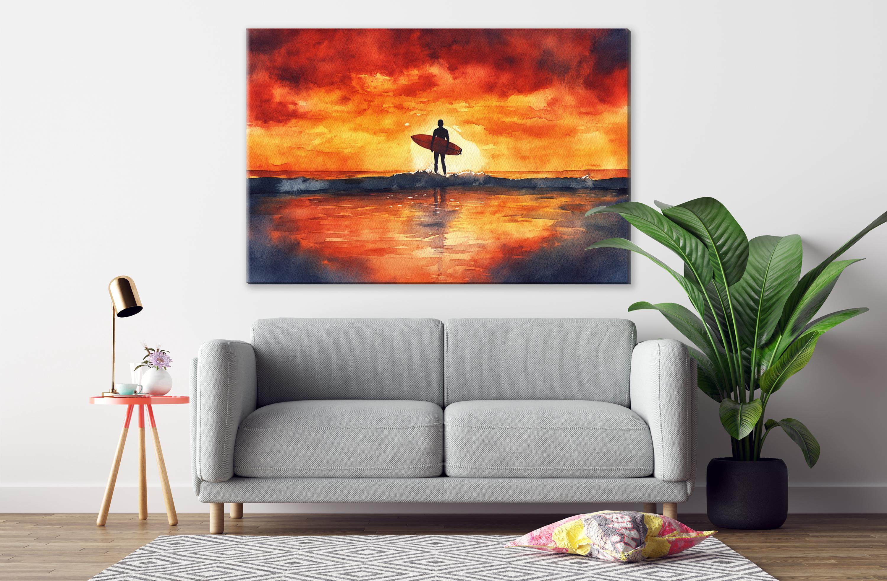 a serene indoor setting with a gray sofa, a potted plant, and a painting of a surfer on the wall.