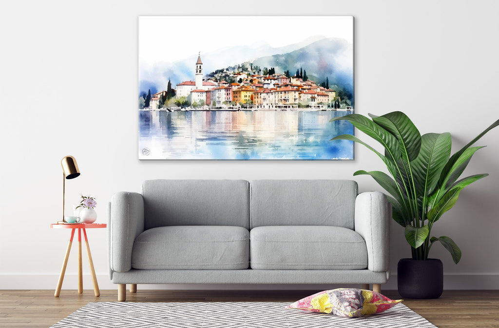 Lake Como Serenity: Bellagio Italy Watercolor Art, Giclee Print on Canvas, Artist Paper, Watercolor Paper, Available in Extra Large Sizes