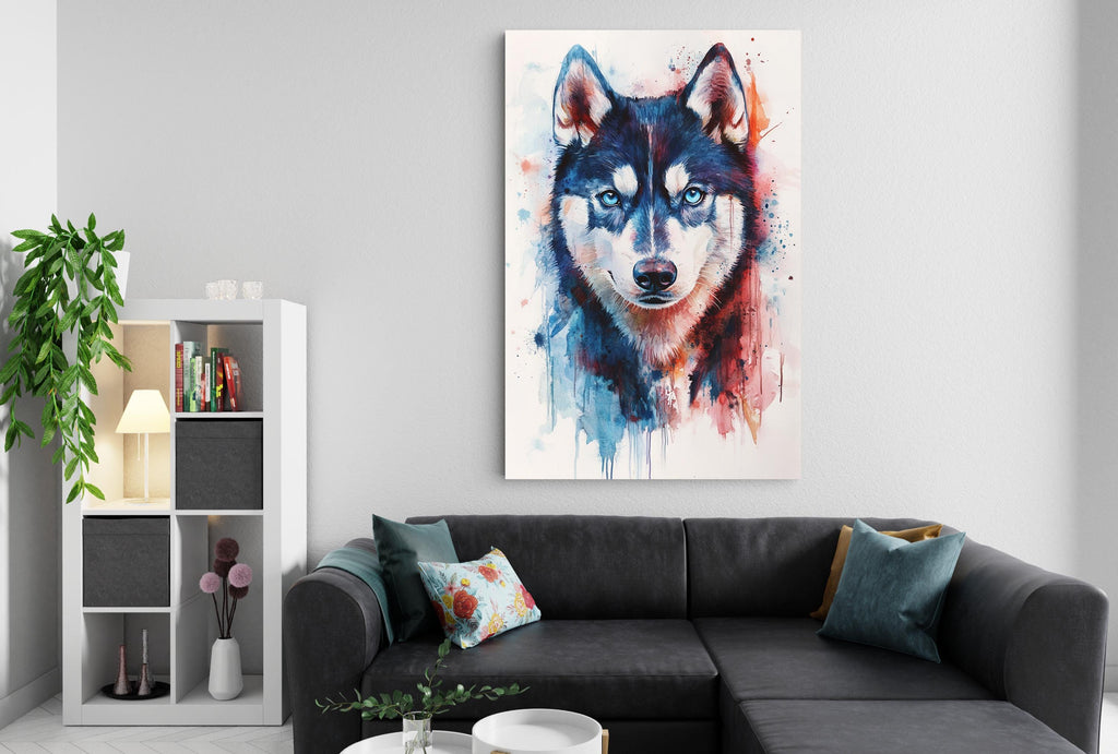 a large, colorful painting of a wolf's face hanging on a wall above a black couch in a living room setting.