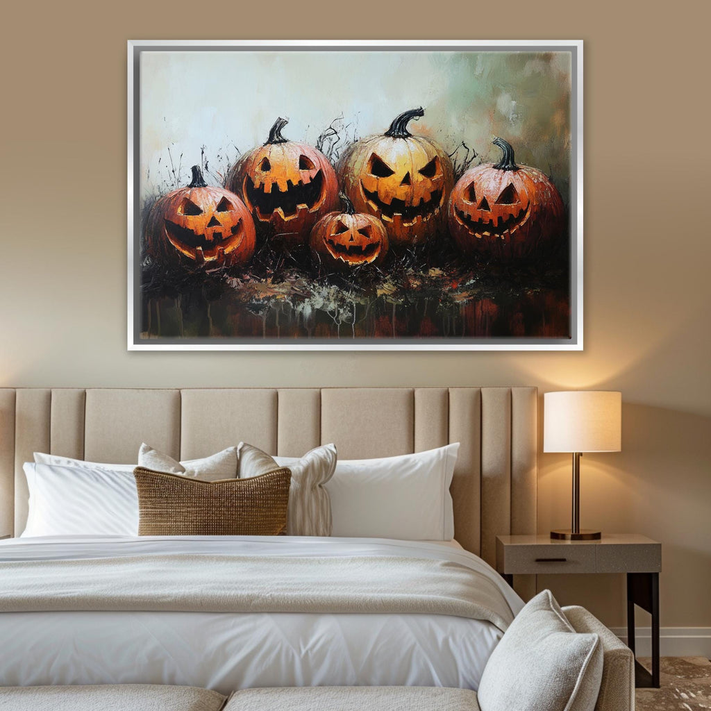 Halloween Wall Art – Extra Large Framed Canvas with Glowing Jack O Lanterns