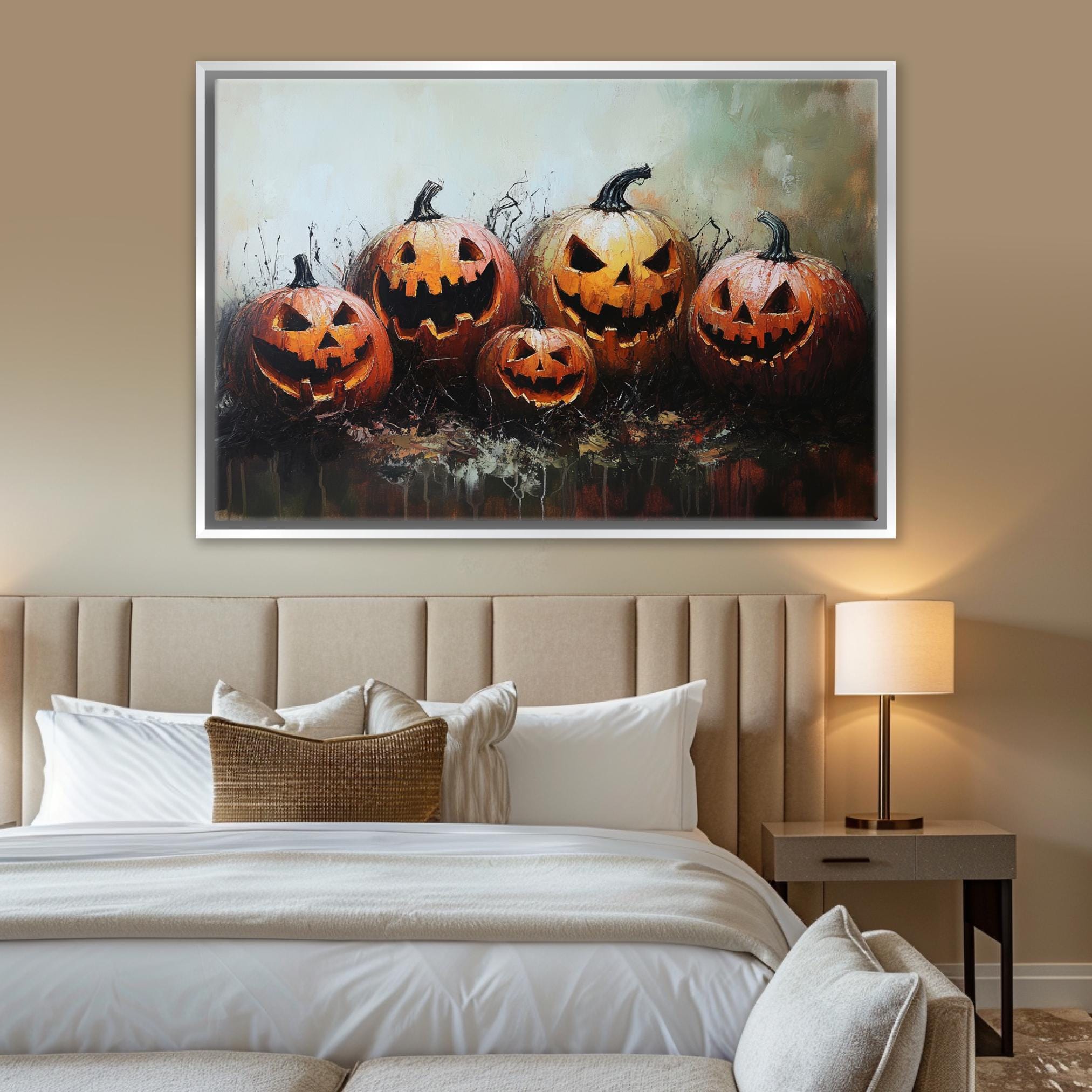 Halloween Wall Art – Extra Large Framed Canvas with Glowing Jack O Lanterns
