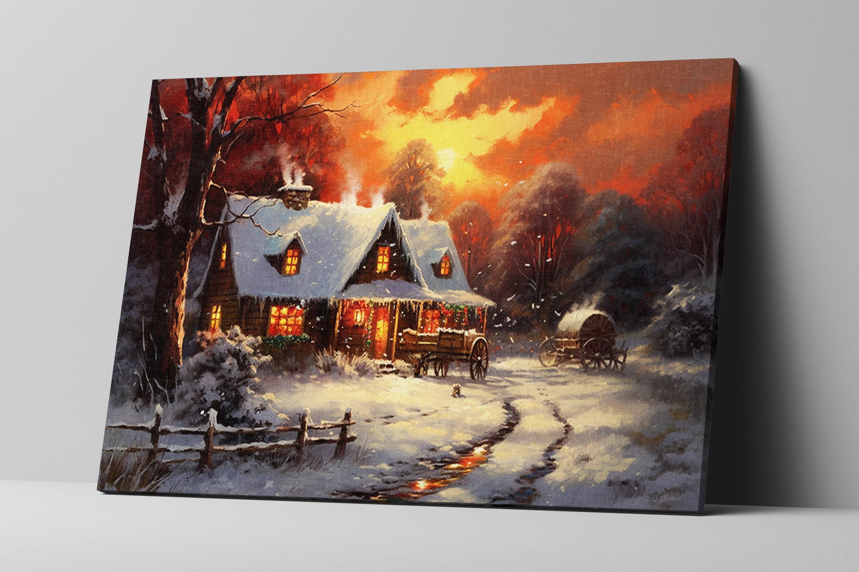 Christmas Canvas Art - Rustic Holiday Wall Decor | Oil Painting on Gallery Wrapped Canvas